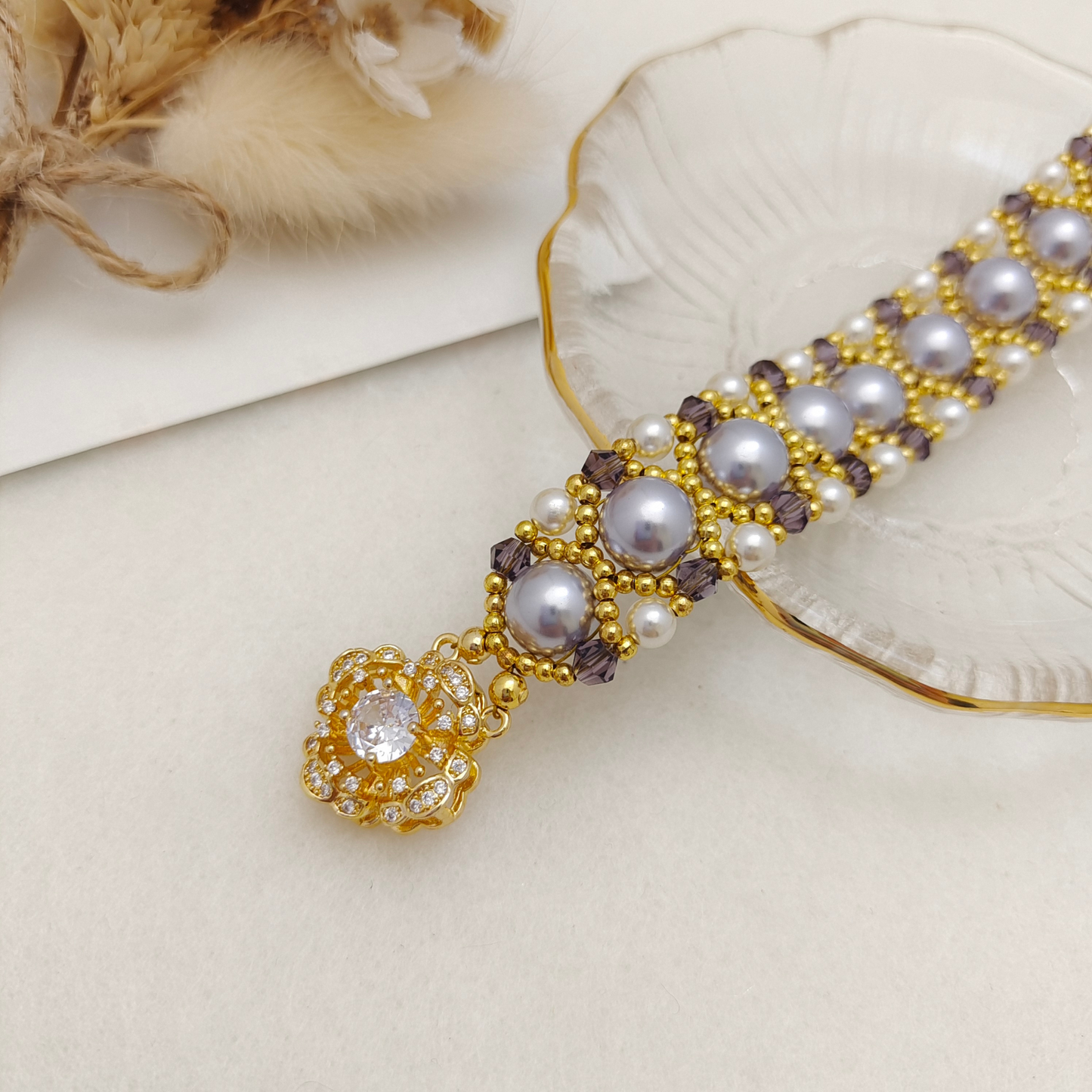 【No.113】Handmade Violet Pearl Weave Bracelet | Elegant Beaded Bracelet with Pearls & Crystal Beads | Lollipop Camellia Clasp