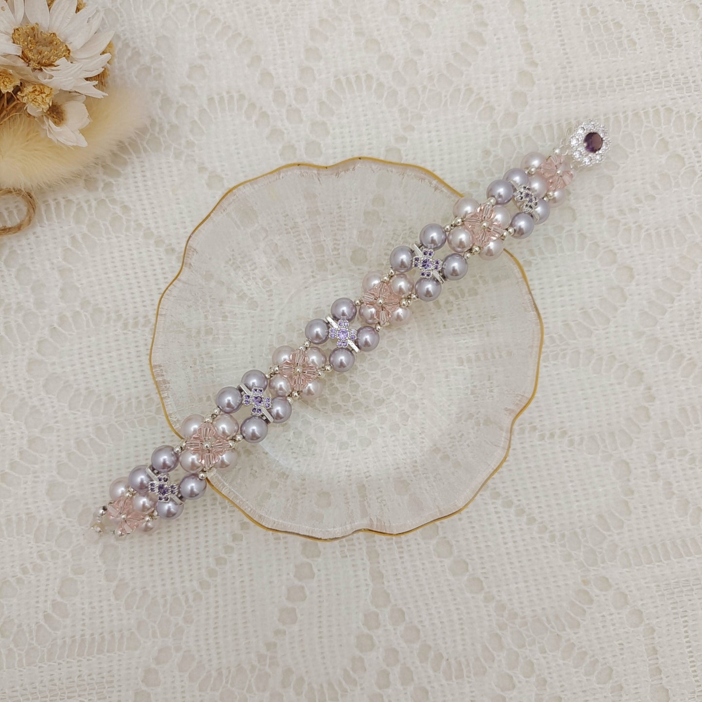 【No.128】DIY Bracelet Kit – Taro Milk Tea Design | Pearl, Diamond Beads & Zircon Clasp | Full Tutorial Included