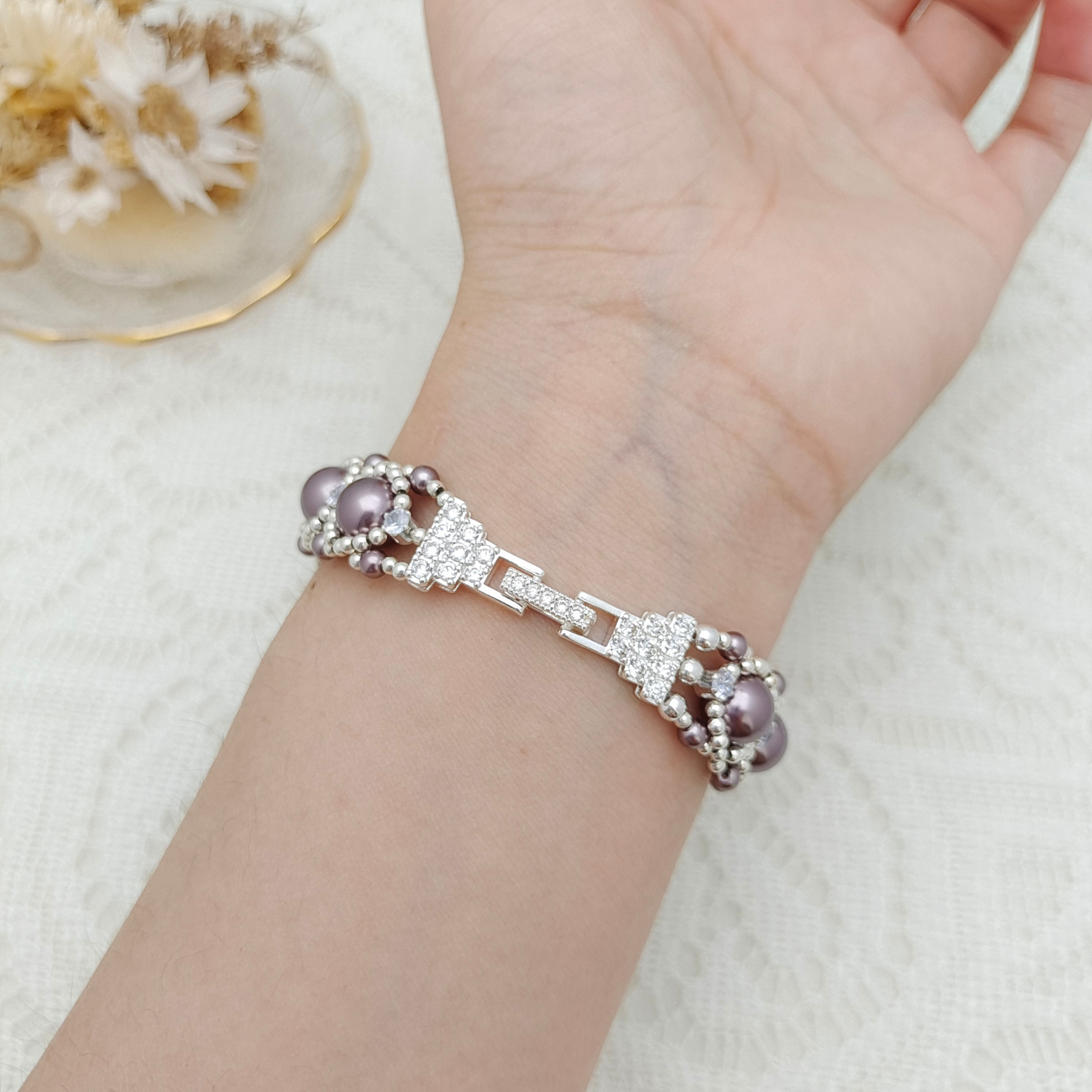 【No.112】Handmade Bracelet – Kyoho Grape Design | Pearls, Zircon & Beads with Cake Buckle iFCraftorium
