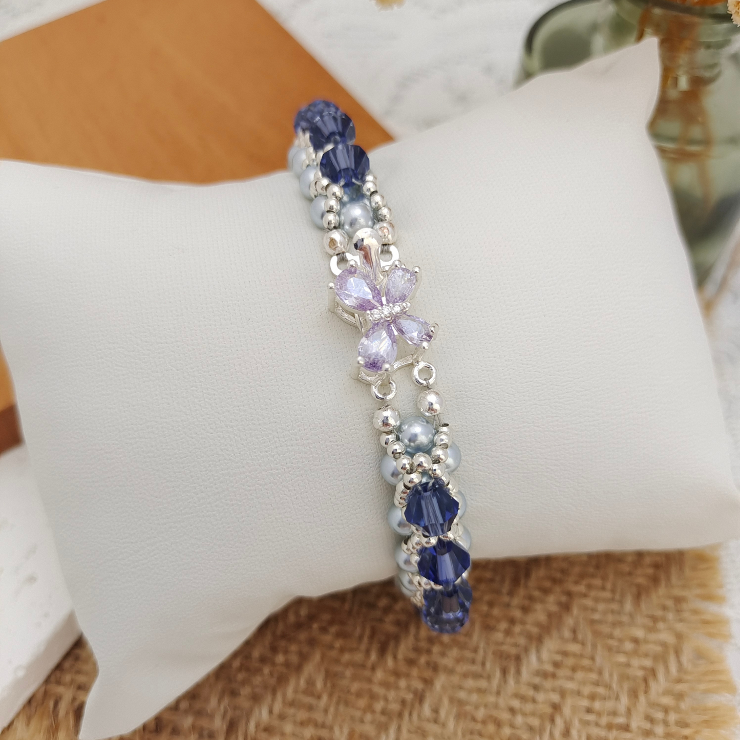 【No.91】Lotus Lilac Handmade Bracelet | Lavender Crystal & Blue Pearl Double-Strand Bracelet