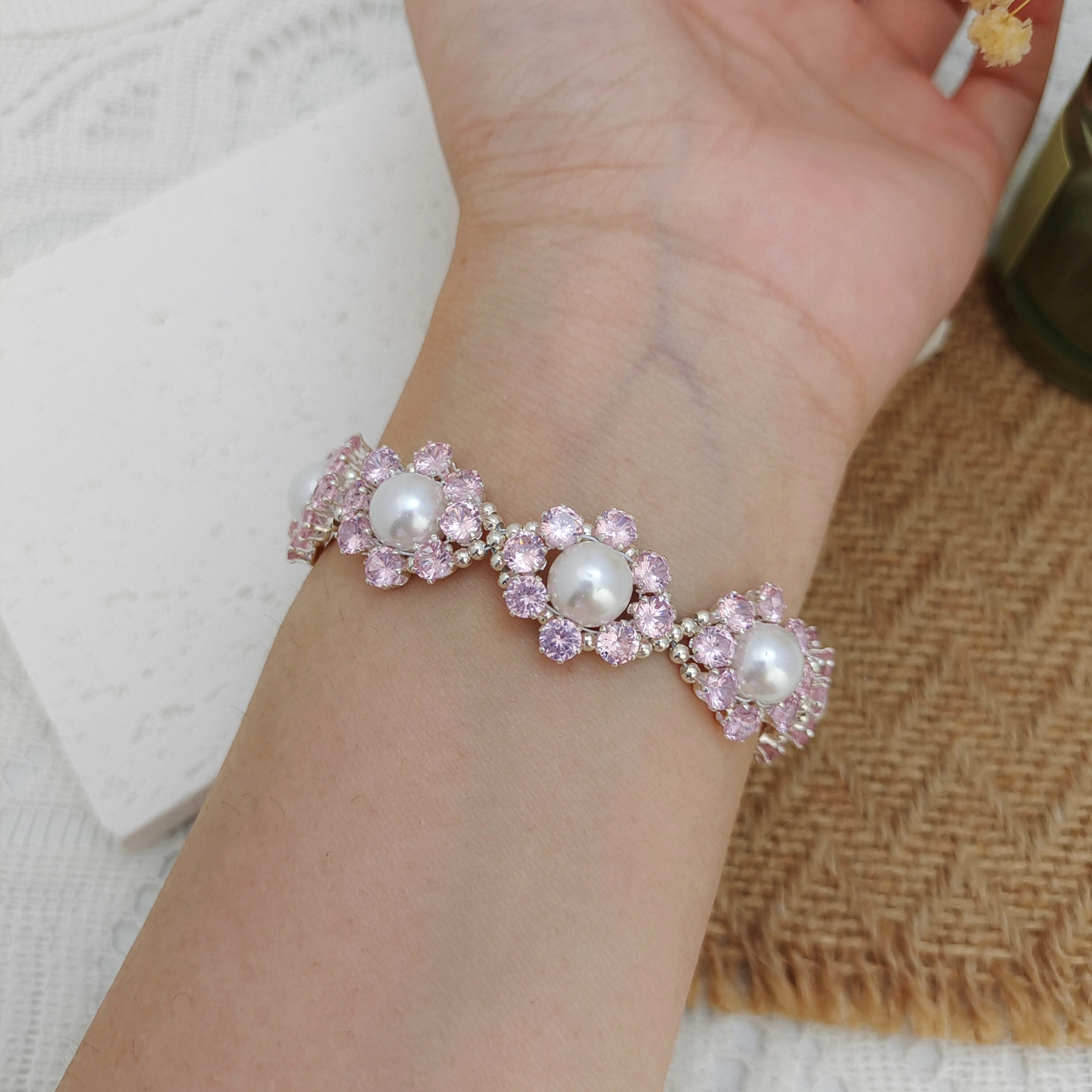 【No.93】DIY Bracelet Kit – Pink Rose Design | 8mm Pearls + Pink CZ Beads | Full Tutorial Included