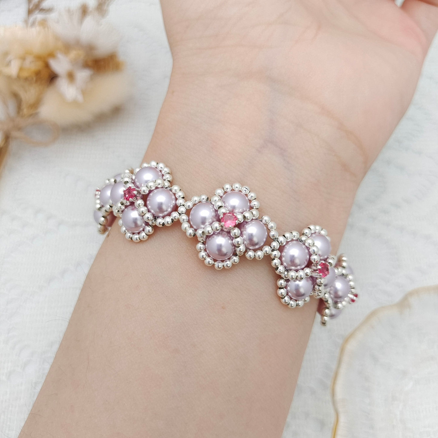 【No.103】Handmade Bracelet – “Purple Clover” Pearl & Crystal with Lobster Clasp | Elegant DIY Jewelry iFCraftorium