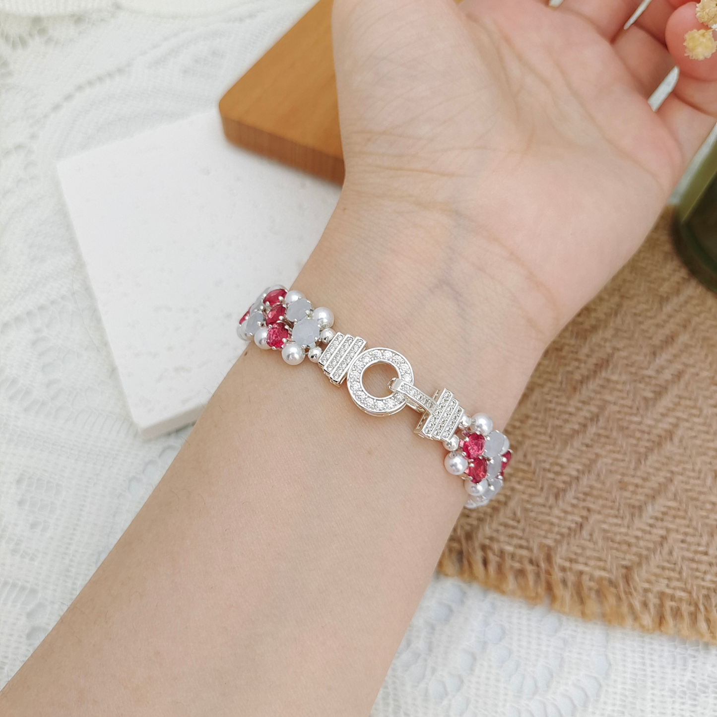 【No.90】Carnation Beaded Bracelet | Rose Red CZ & White Cat Eye with Pearls | Handmade Jewelry