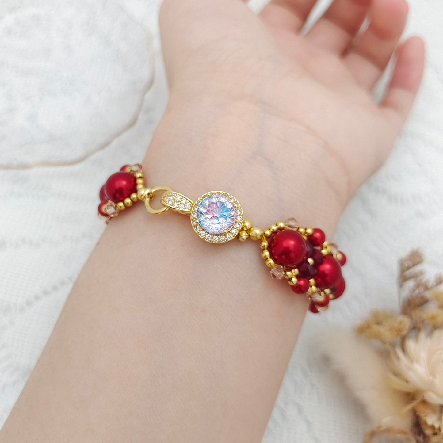【No.101】Handmade Bracelet – “Passion” Red & Pink Crystal with Pearls | Elegant DIY Jewelry Design