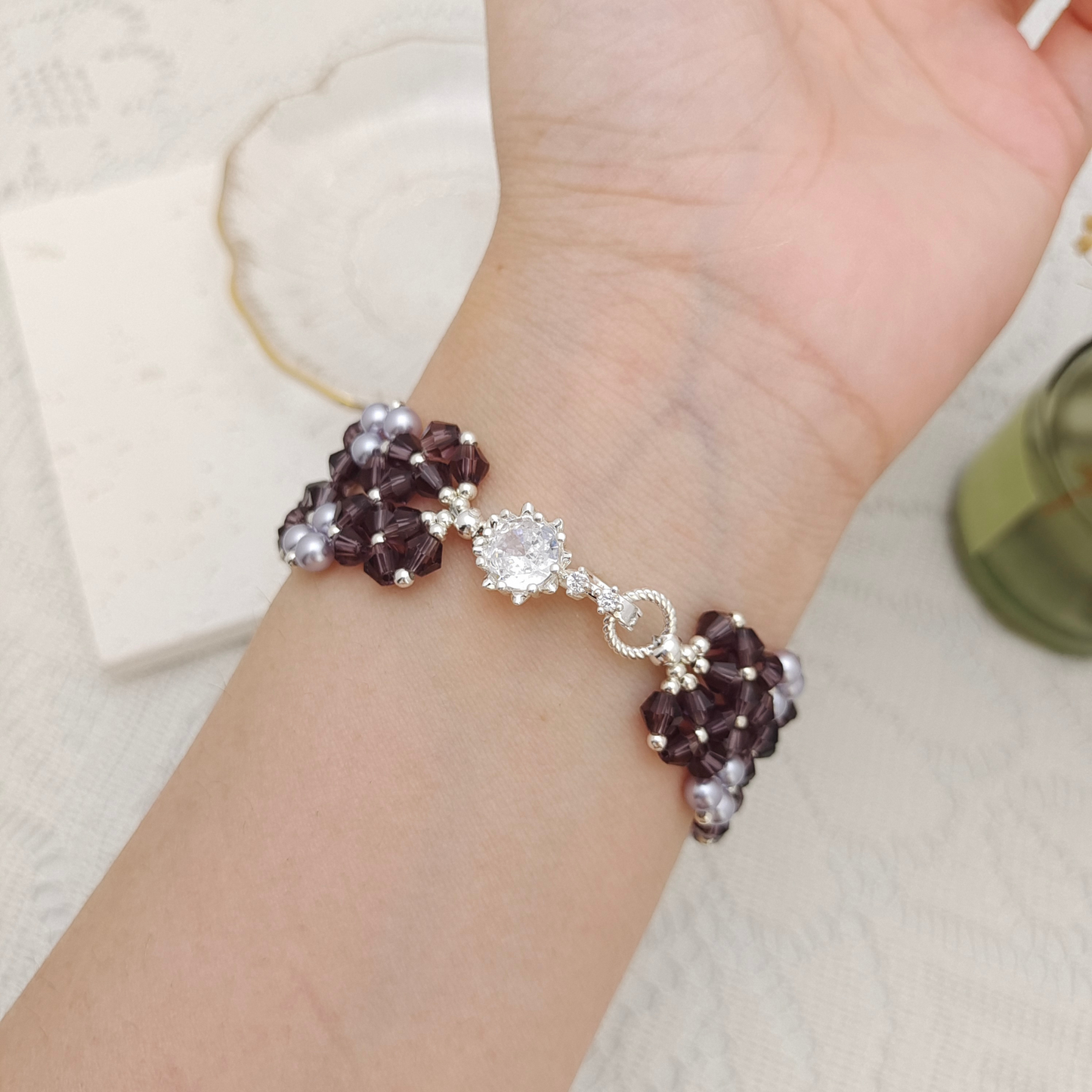 【No.94】Provence Beaded Bracelet – Lavender Pearl & Diamond-Cut Beads Handmade Jewelry iFCraftorium