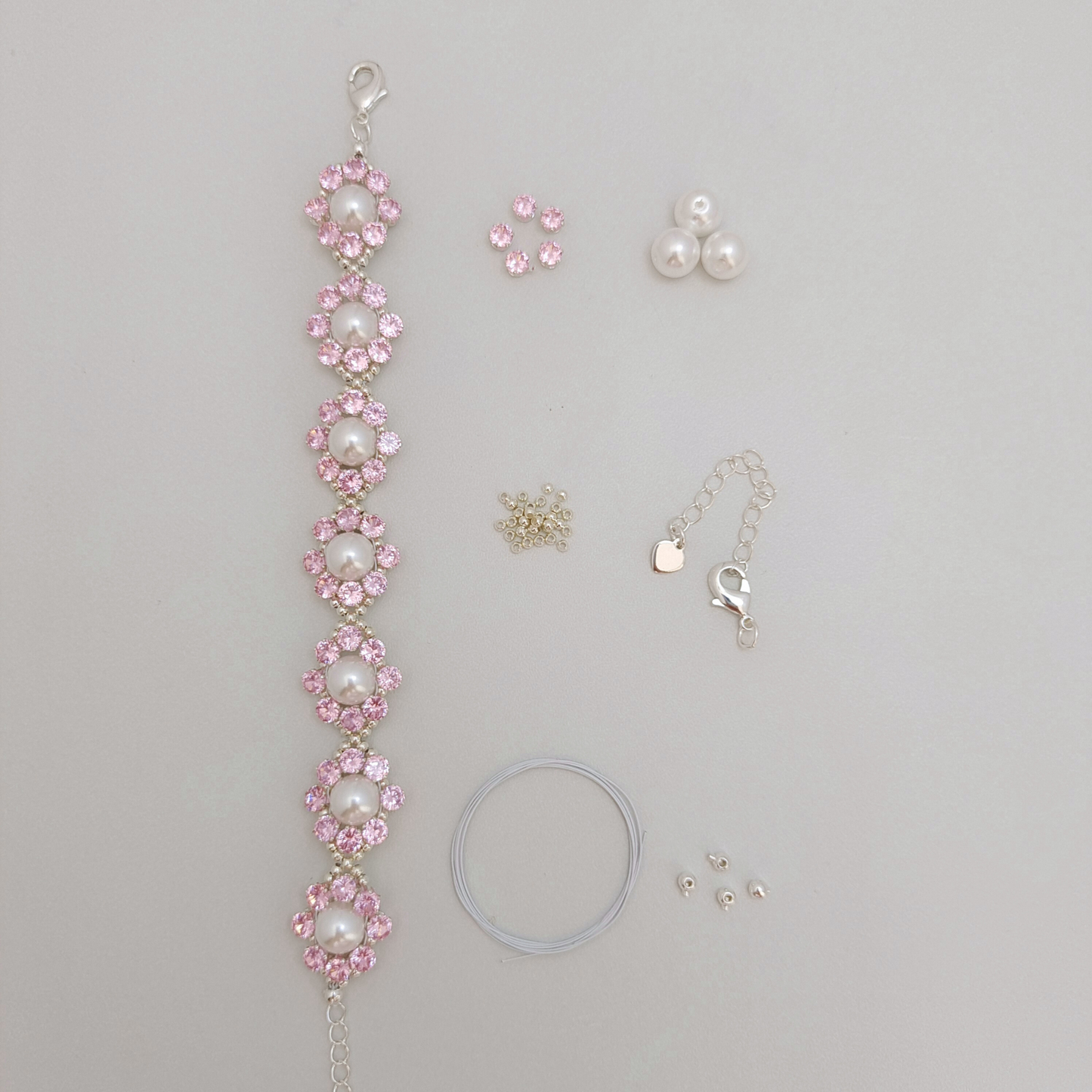 【No.93】DIY Bracelet Kit – Pink Rose Design | 8mm Pearls + Pink CZ Beads | Full Tutorial Included