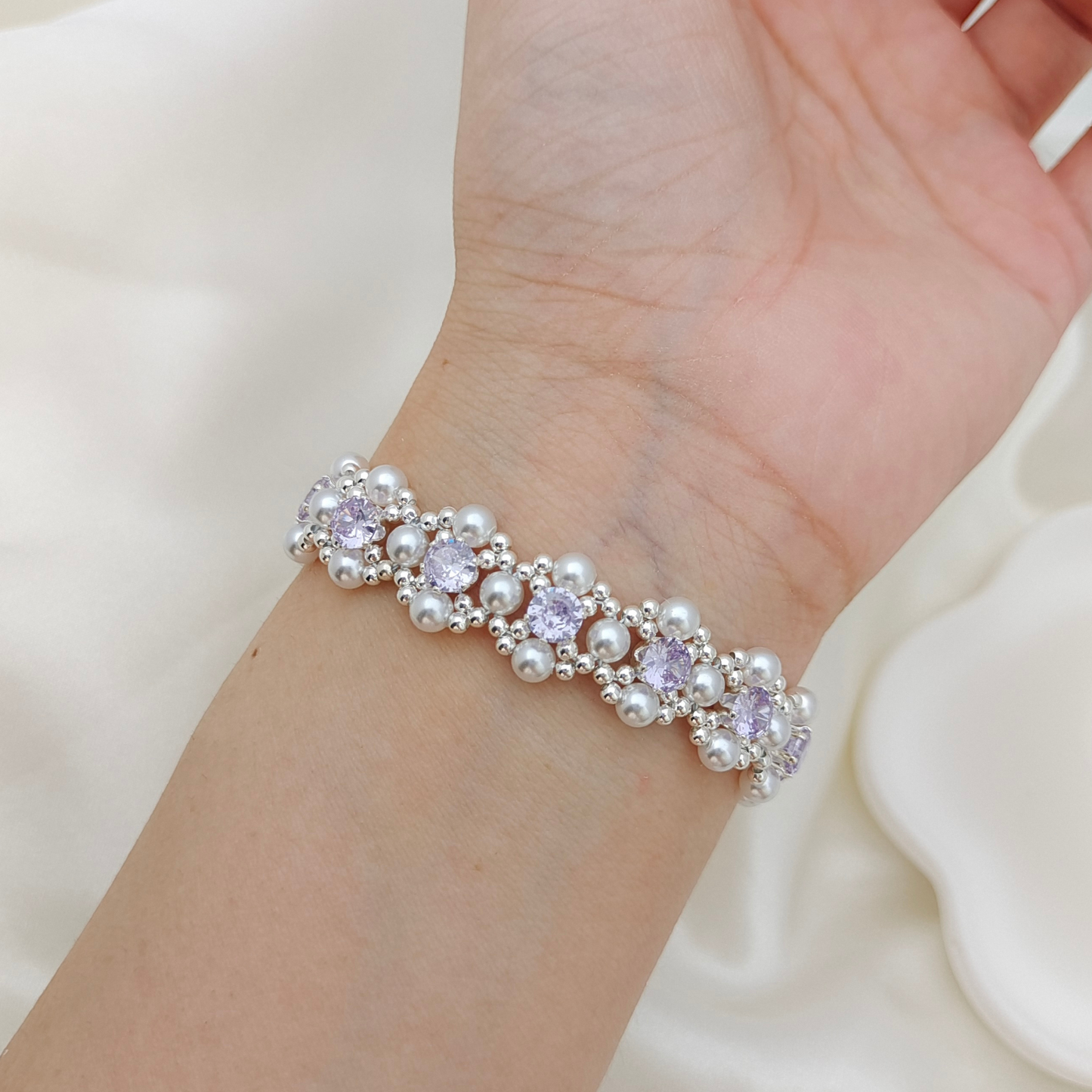 【No.62】 LilacPearl Handmade Bracelet – Purple CZ, Imitation Pearl, Silver Seed Beads DIY Jewelry Beaded Bracelet Gift for Her iFCraftorium