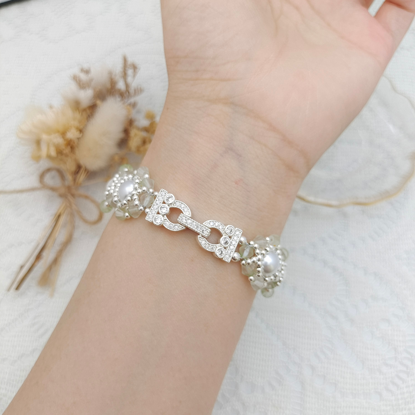 【No.85】 Handmade Bracelet – Summer Succulent with Pearls & Diamond Beads DIY Jewelry Craft Bracelet Gift for Her