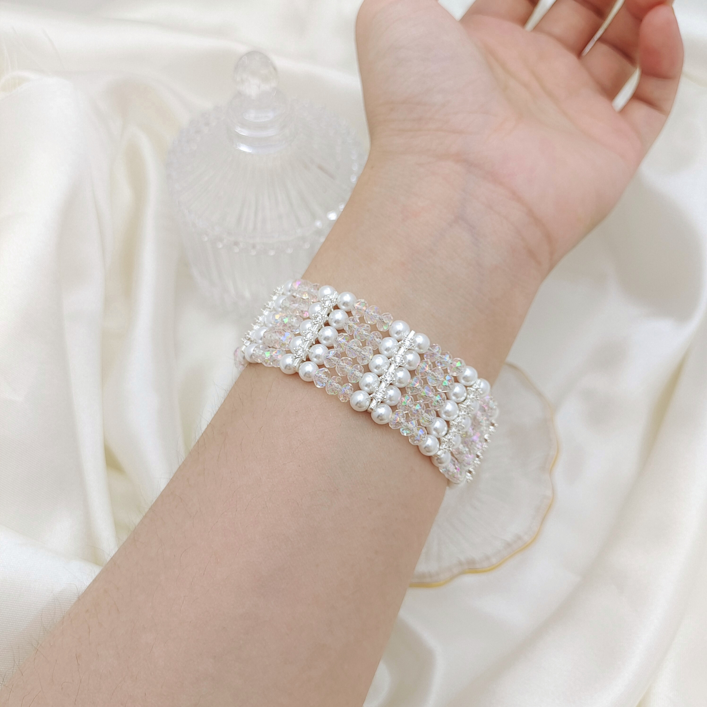 【No.124】DIY Bracelet Kit – Wide Cuff 5-Row Beading Set with Wheel Beads, Pearls & Magnetic Clasp | Tutorial Included iFCraftorium