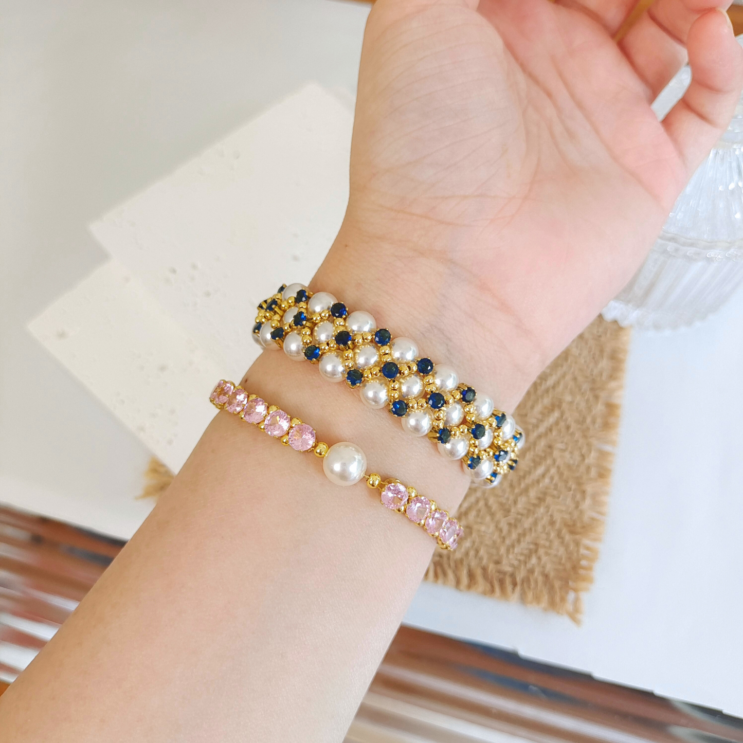 【No.45】 Handmade Beaded Bracelet – Blue Phantom DIY Bracelet Design with Pearl & Gold Accents Beading Jewelry Gift for Her