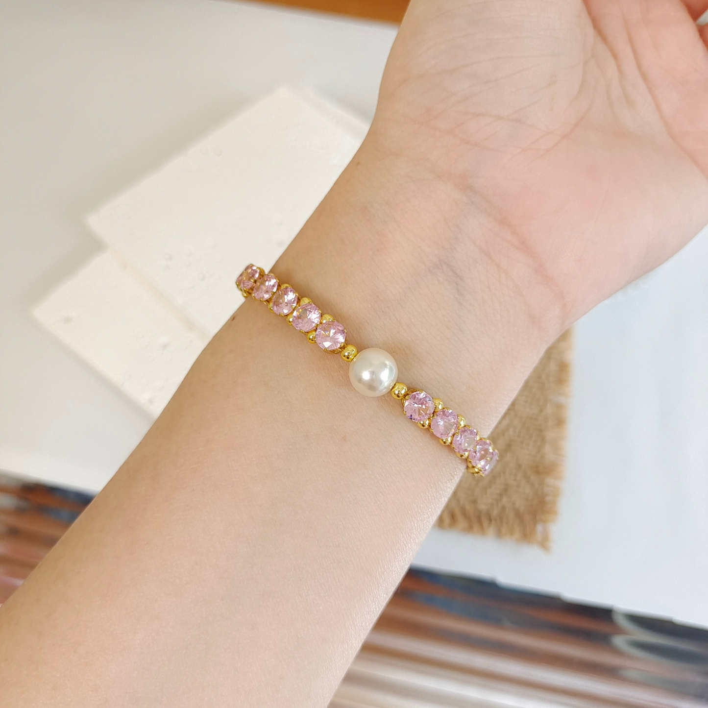 【No.47】 DIY Lady Pink Handmade Bracelet with Pink Zircon and Pearl – Gold Finish Beaded Jewelry Gift for Her