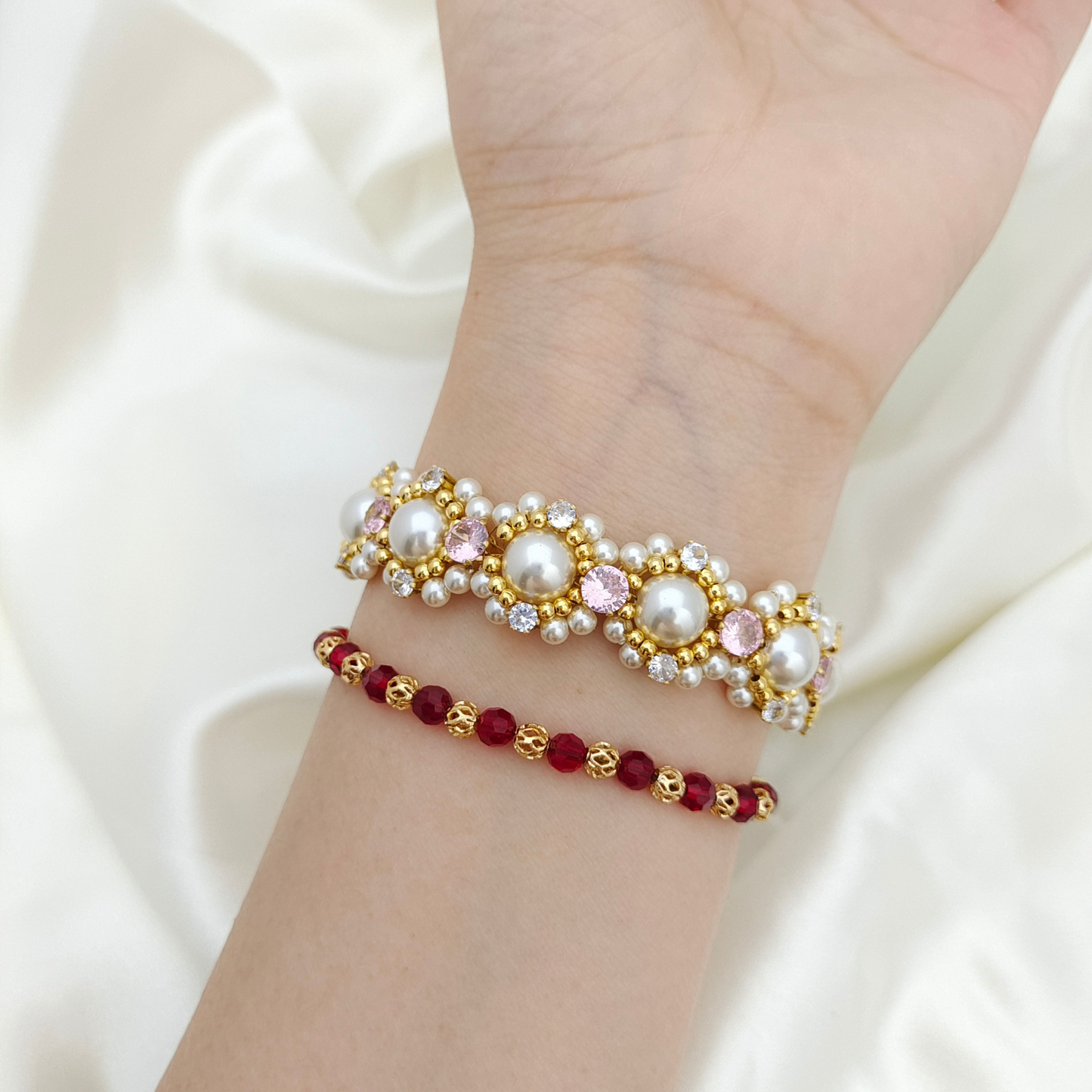 【No.54】 LinaBelle Inspired Premium Handmade Bracelet | Gold, Pink & Pearl | Finished DIY Jewelry