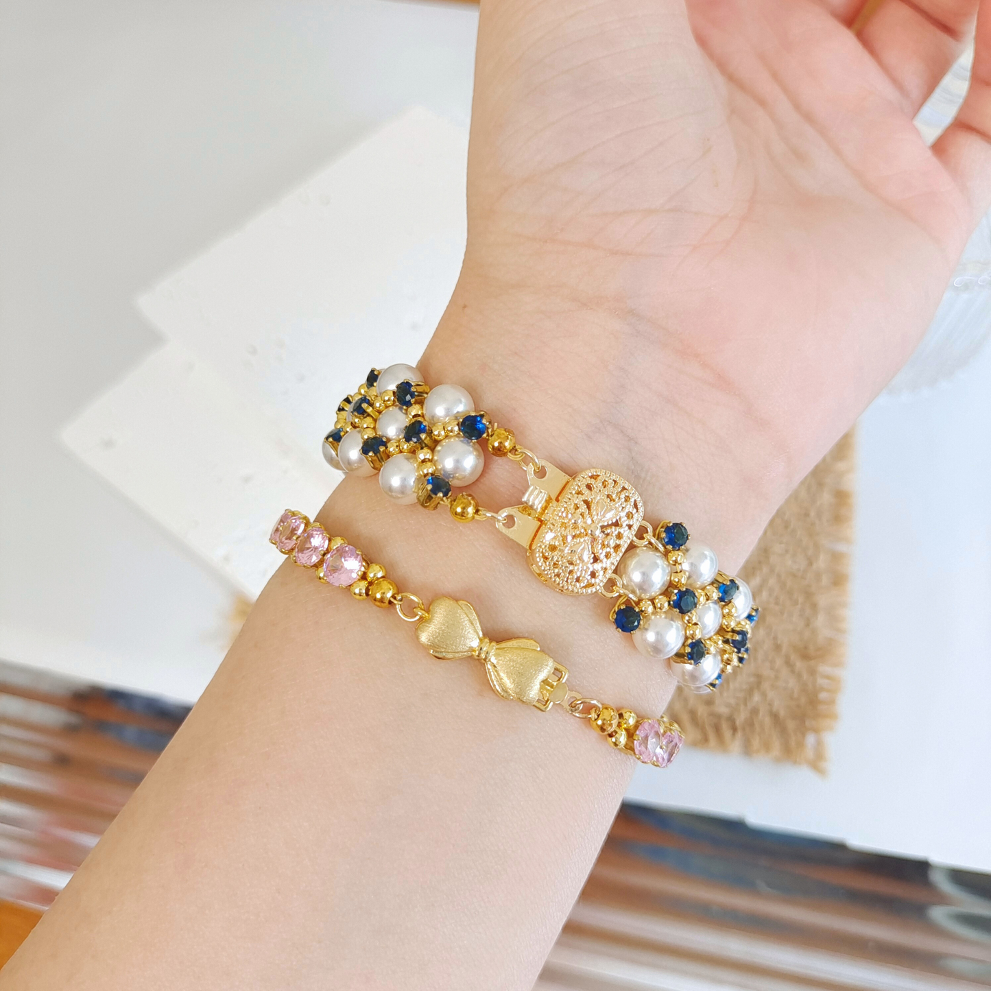 【No.45】 Handmade Beaded Bracelet – Blue Phantom DIY Bracelet Design with Pearl & Gold Accents Beading Jewelry Gift for Her