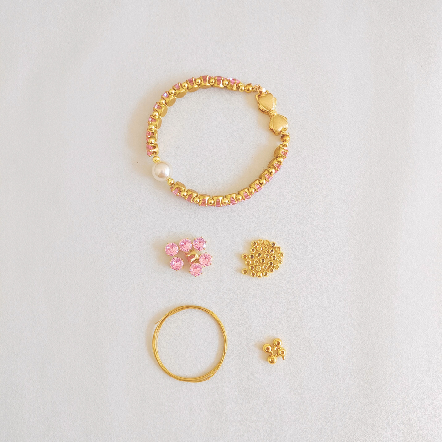 【No.47】 Lady Pink DIY Bracelet Craft Kit with Pink Zircon and Pearl Handmade Jewelry – Gold Bow Clasp