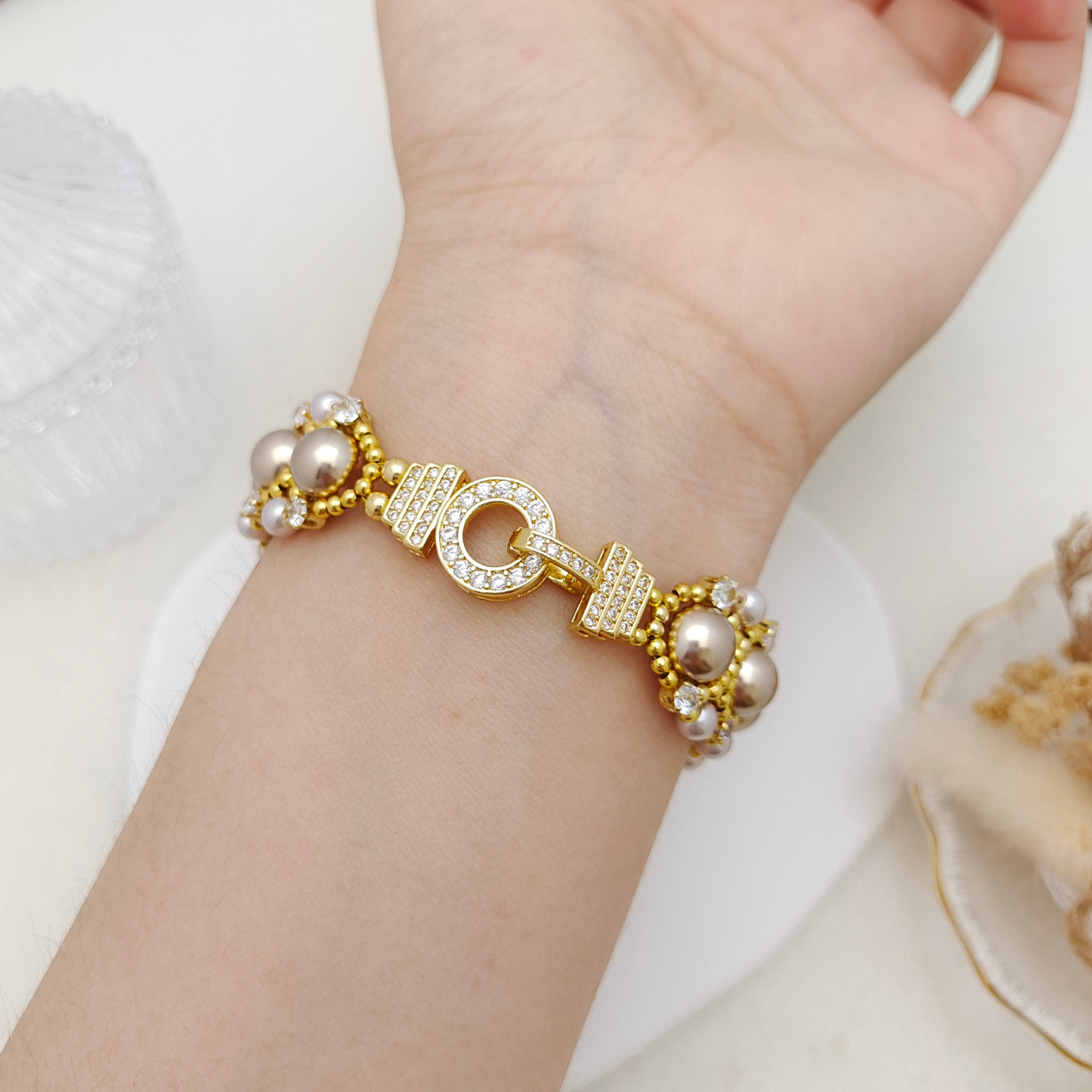 【No.114】Handmade Aureate Bead Blossom Bracelet | Pearl & Cubic Zirconia Beaded Bracelet | Lollipop O-Clasp iFCraftorium