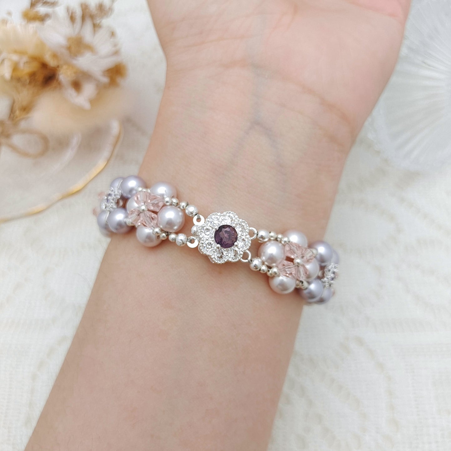 【No.128】DIY Bracelet Kit – Taro Milk Tea Design | Pearl, Diamond Beads & Zircon Clasp | Full Tutorial Included