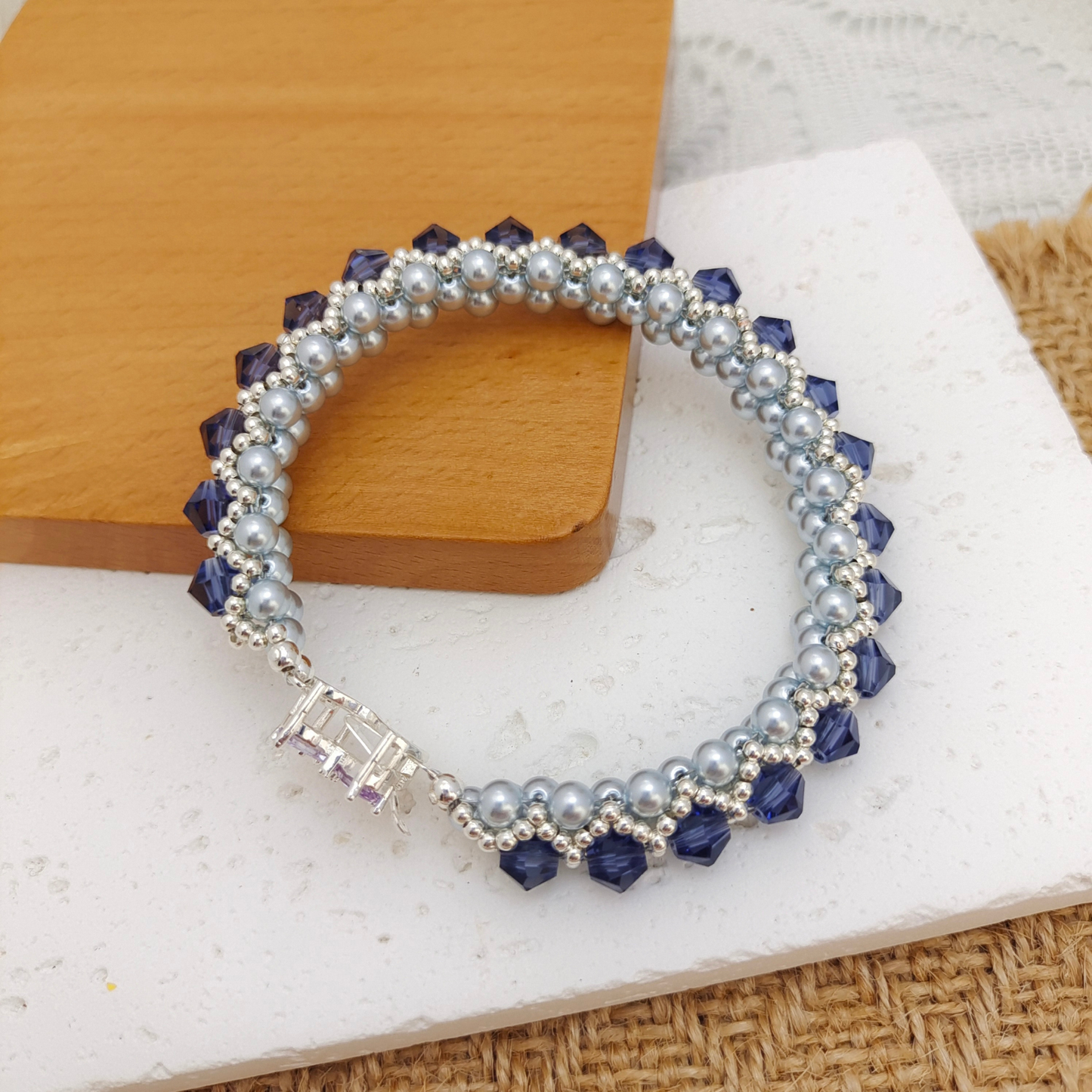 【No.91】Lotus Lilac Handmade Bracelet | Lavender Crystal & Blue Pearl Double-Strand Bracelet