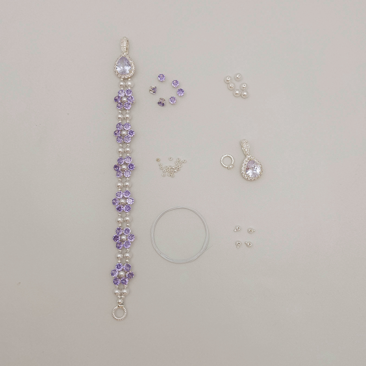 【No.69】 Purple Daisy DIY Bracelet Craft Kit – Purple CZ, Pearls, Drop Clasp & Full Tutorial Handmade Jewelry