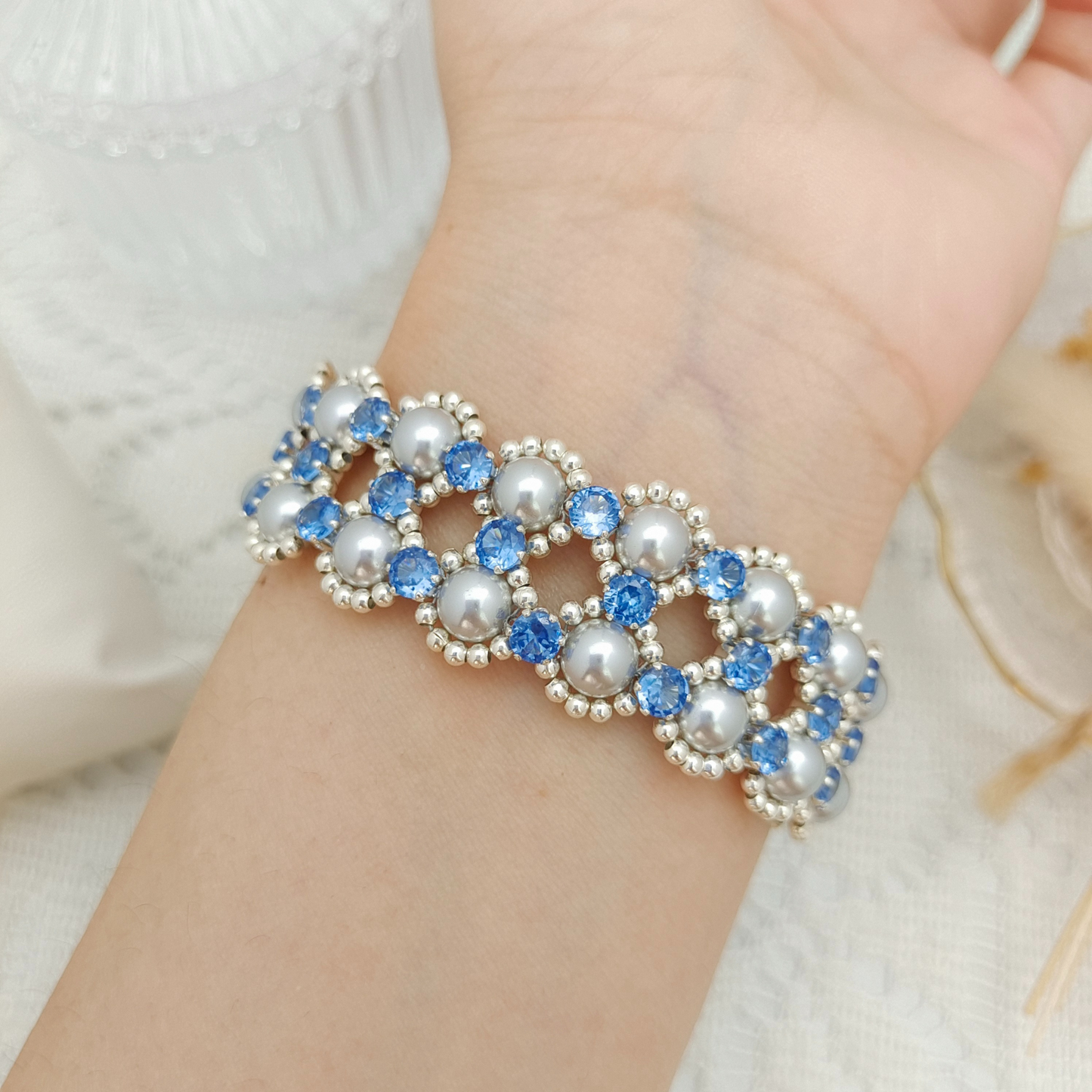 【No.98】DIY Kit – Fancy Blue Handmade Bracelet | Pearls & Cubic Zirconia | Crafting Kit | Full Tutorial