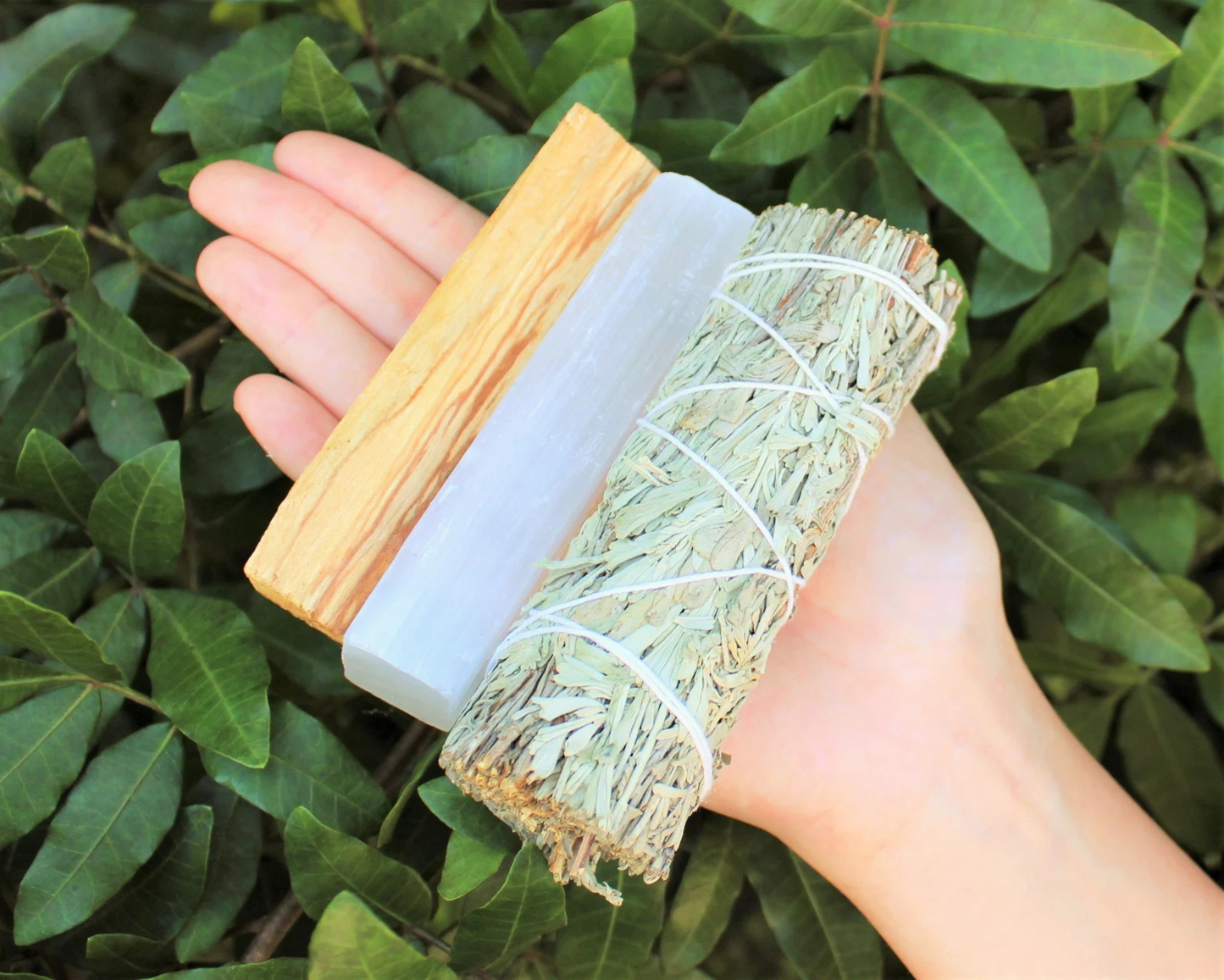 Energy cleansing set – includes selenite wand, palo santo stick, and white sage for spiritual rituals