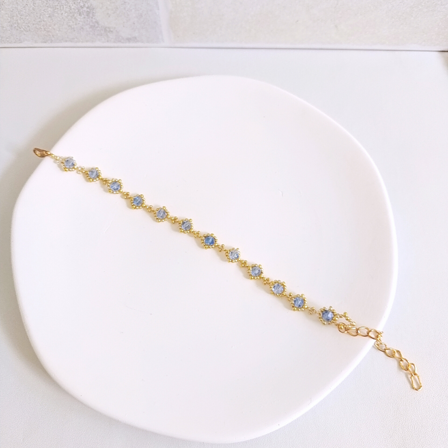 Handmade sky blue beaded bracelet – full display highlighting soft colors and minimalist style