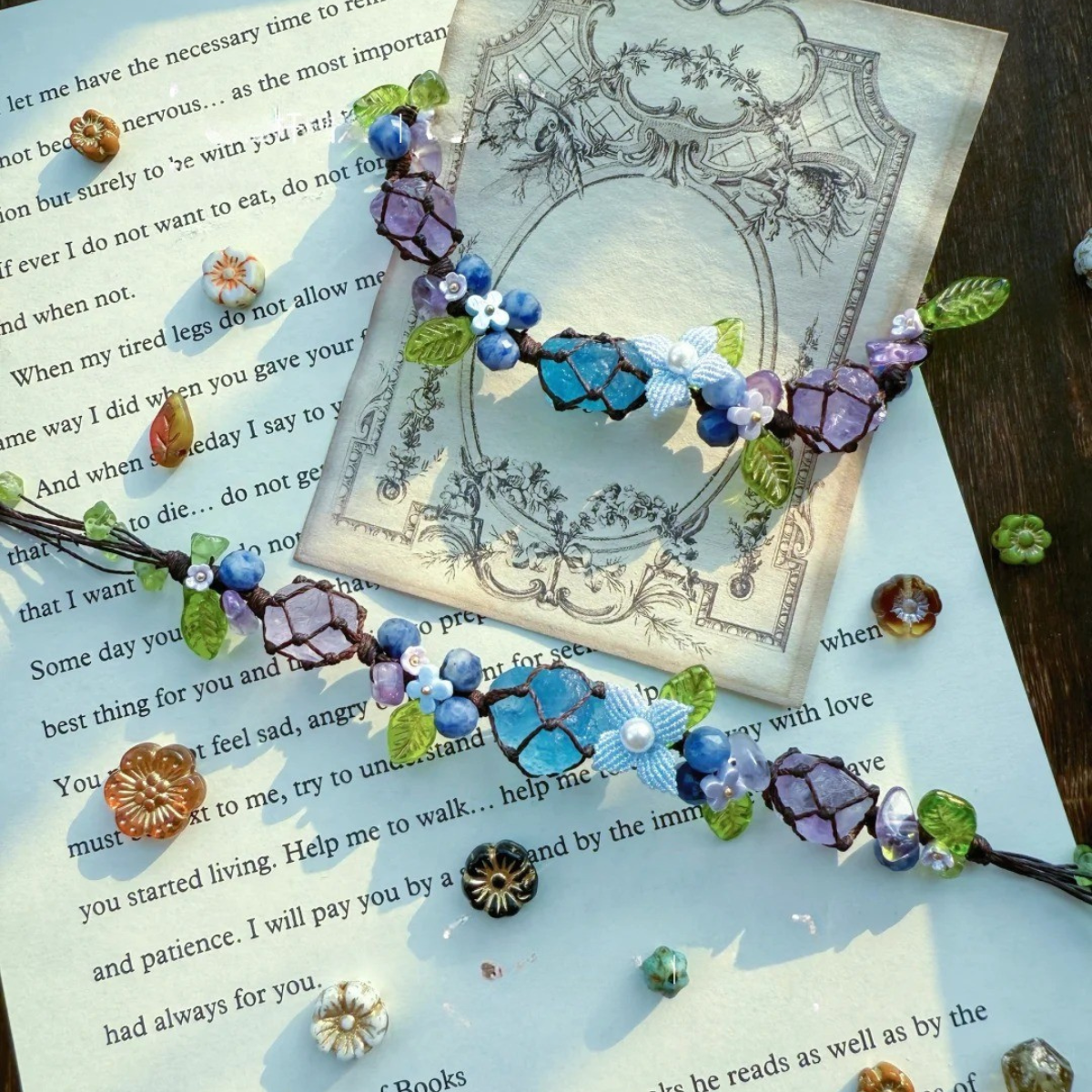 Aquamarine and amethyst raw stone bracelet close-up