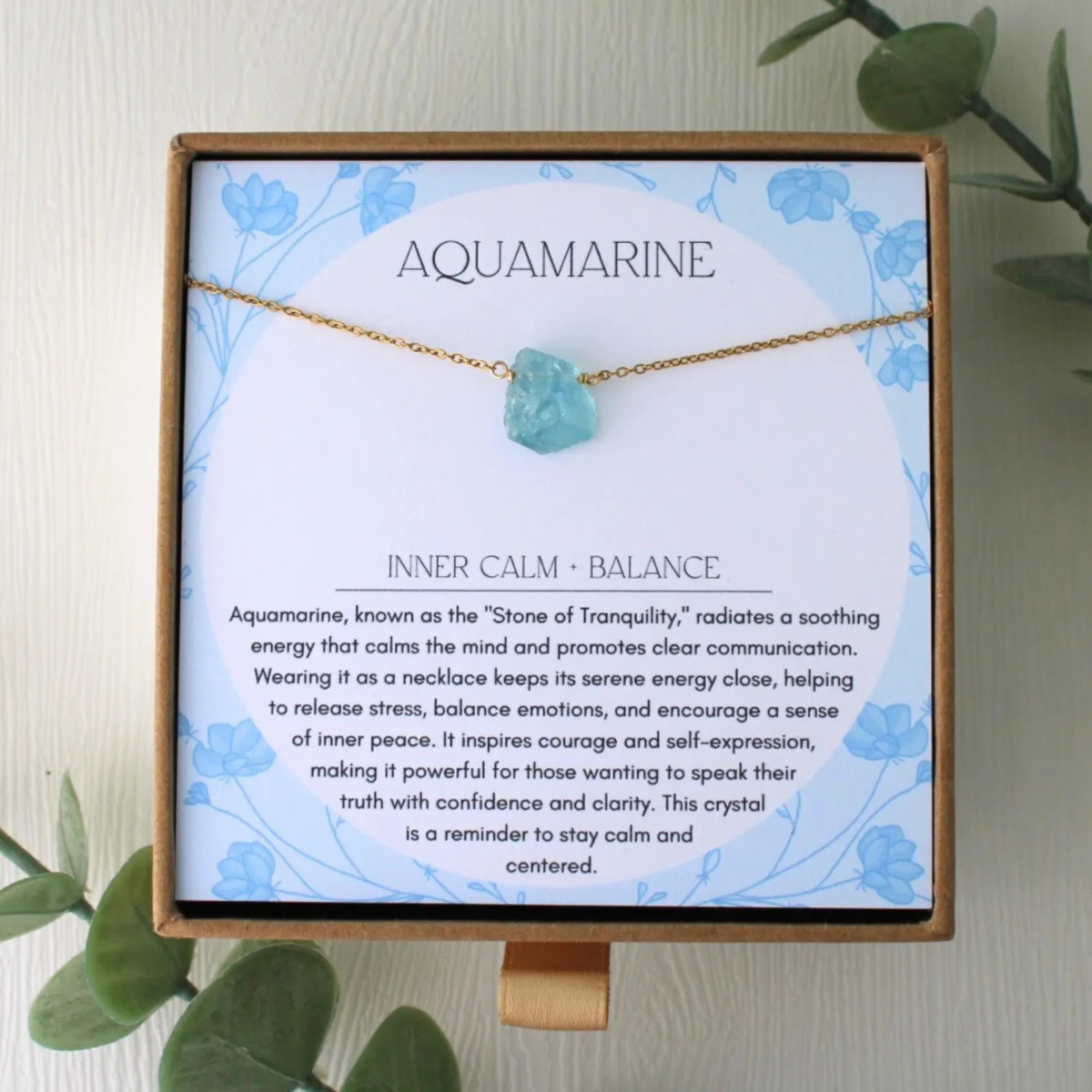 Aquamarine raw stone necklace beautifully packaged in a luxury gift box