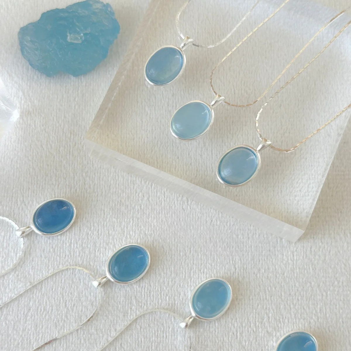 Close-up of aquamarine necklace