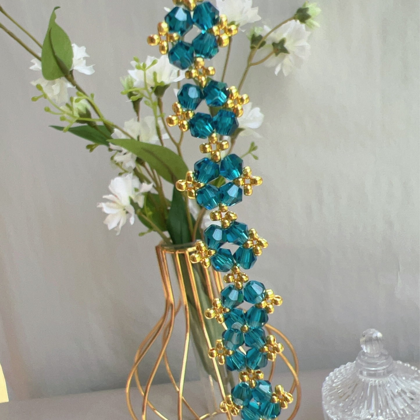 Close detail of navy blue beaded bracelet