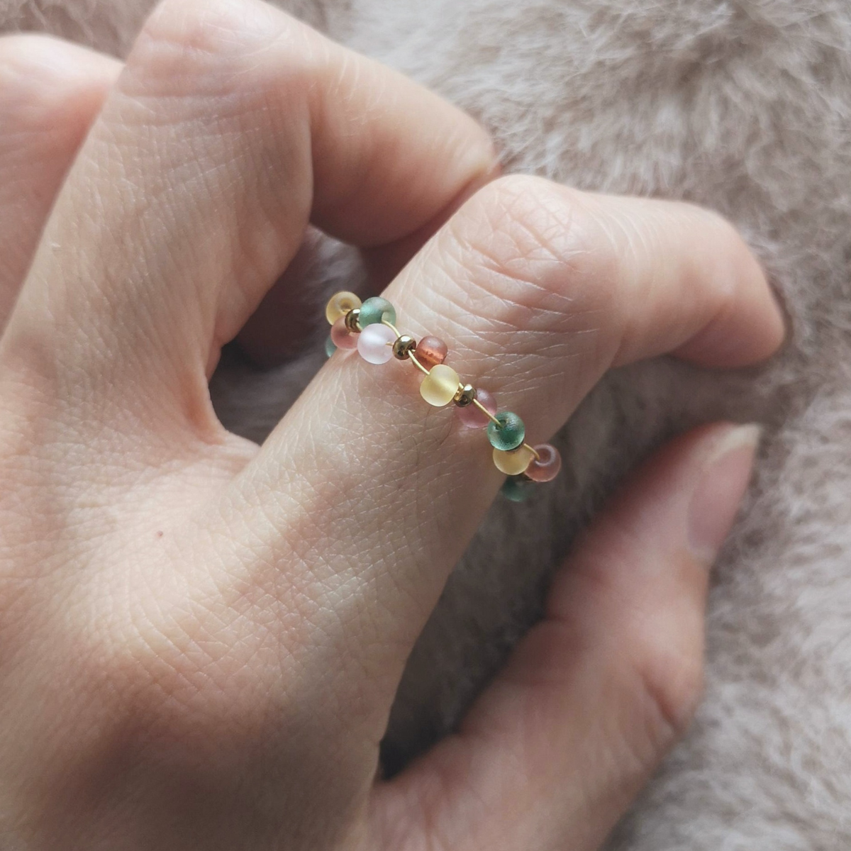 Handmade seed bead ring worn