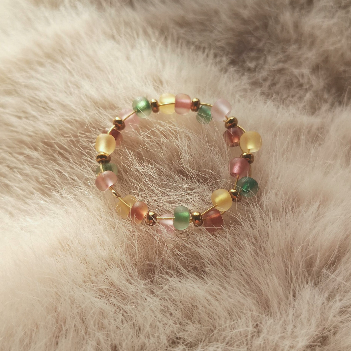 Close-up of handmade seed bead ring
