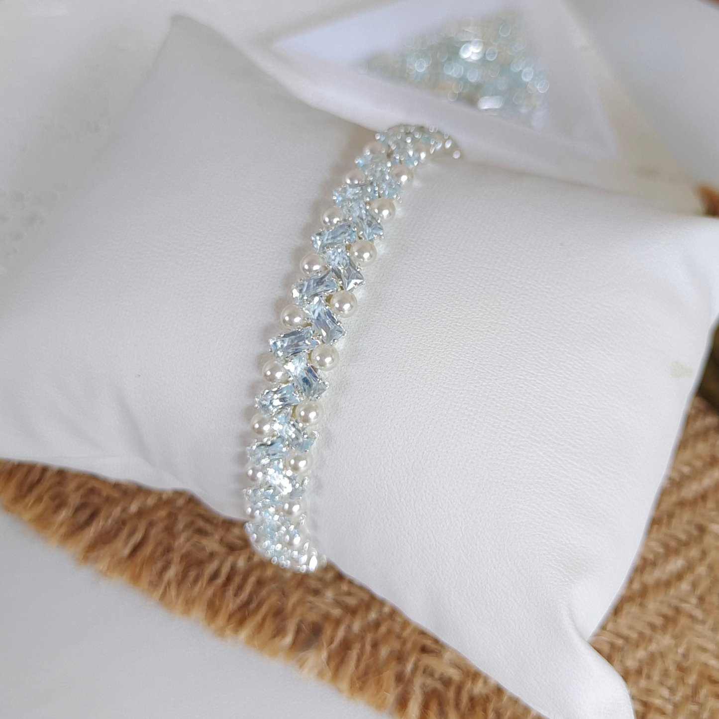 Elegant blue zircon and pearl beaded bracelet with a cool winter vibe