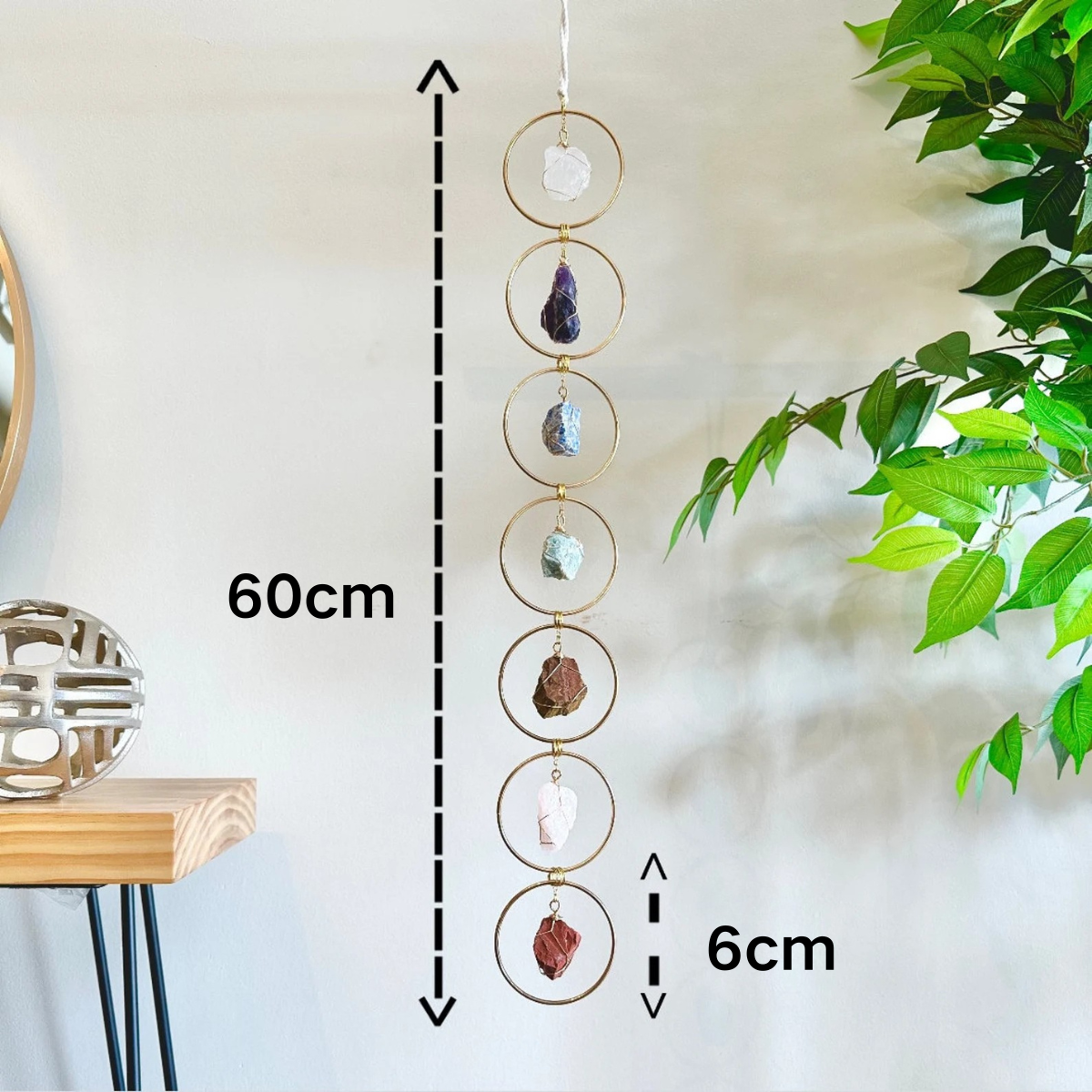 Crystal raw stone window hanging with size reference