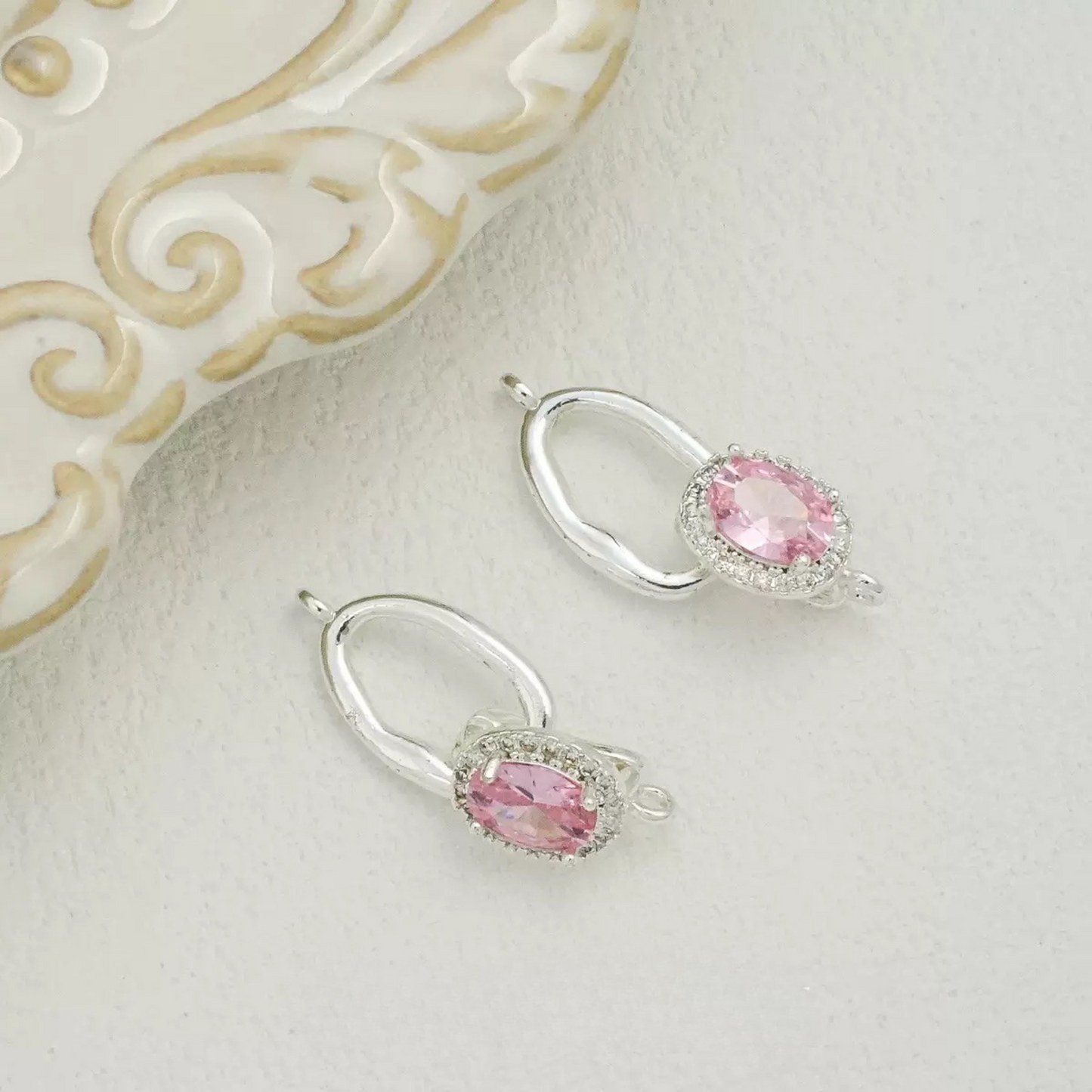 Oval-shaped pink zircon connector for handmade accessories