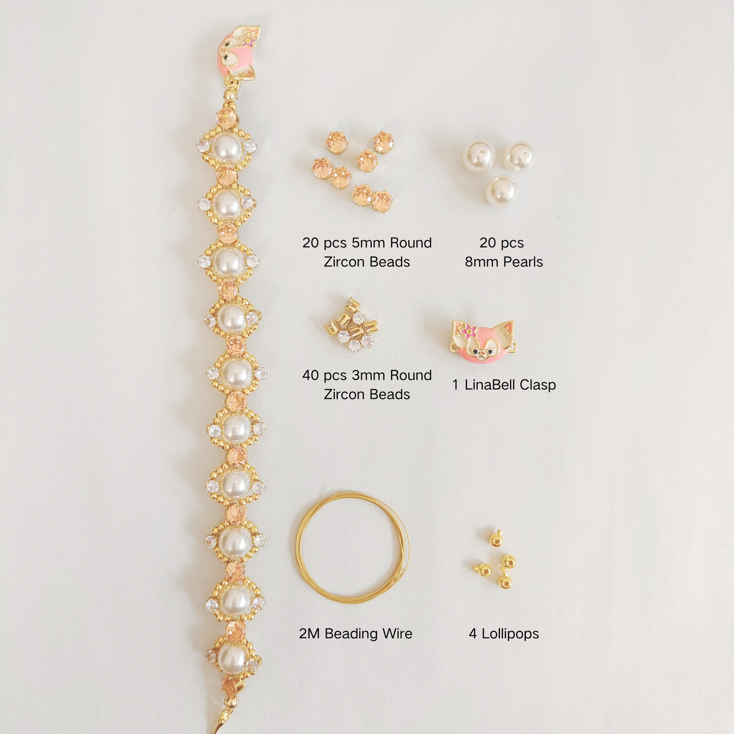 Materials for LinaBell-style pearl bracelet: clasp, pearls, tools