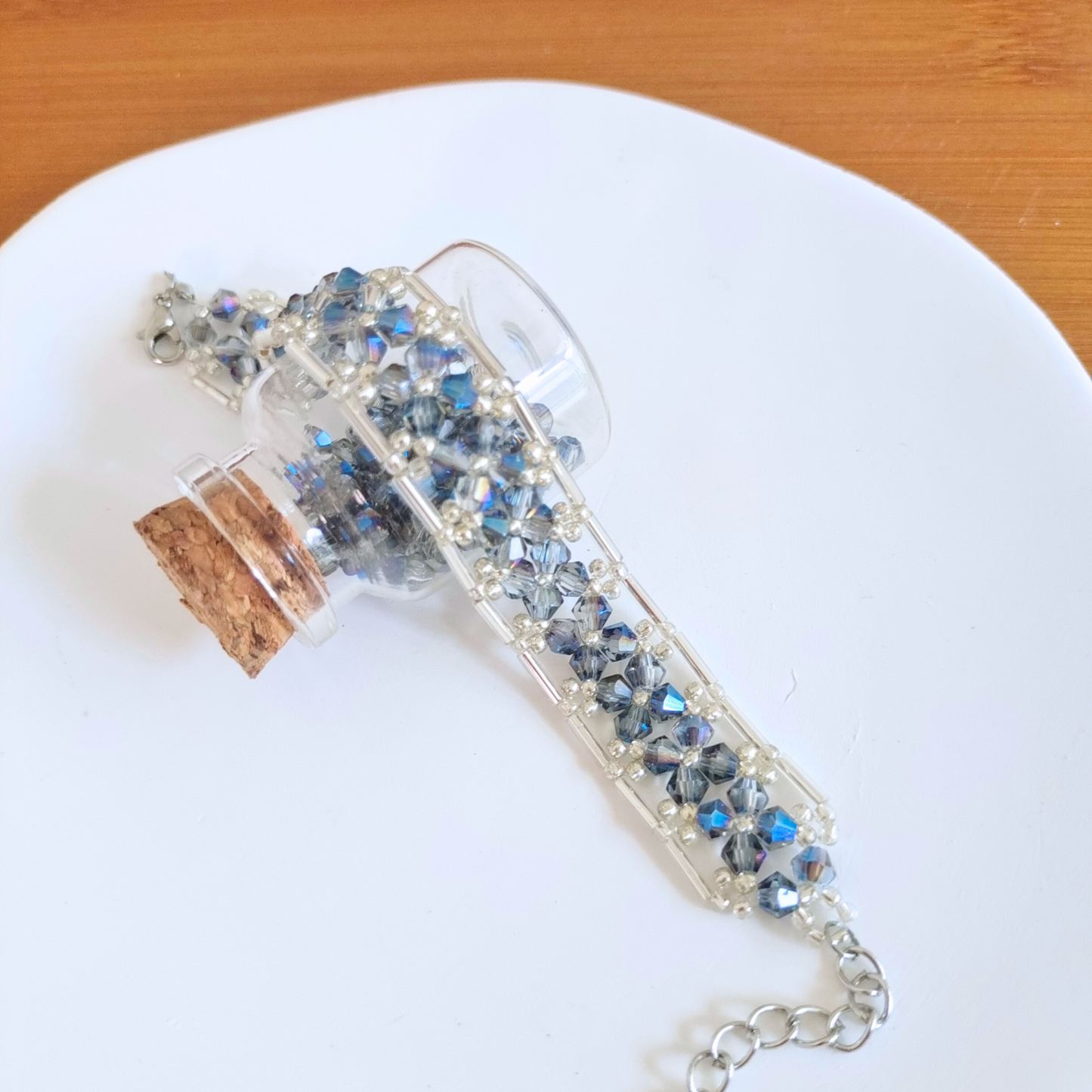 Full view of blue-grey diamond beads bracelet with displayed beading