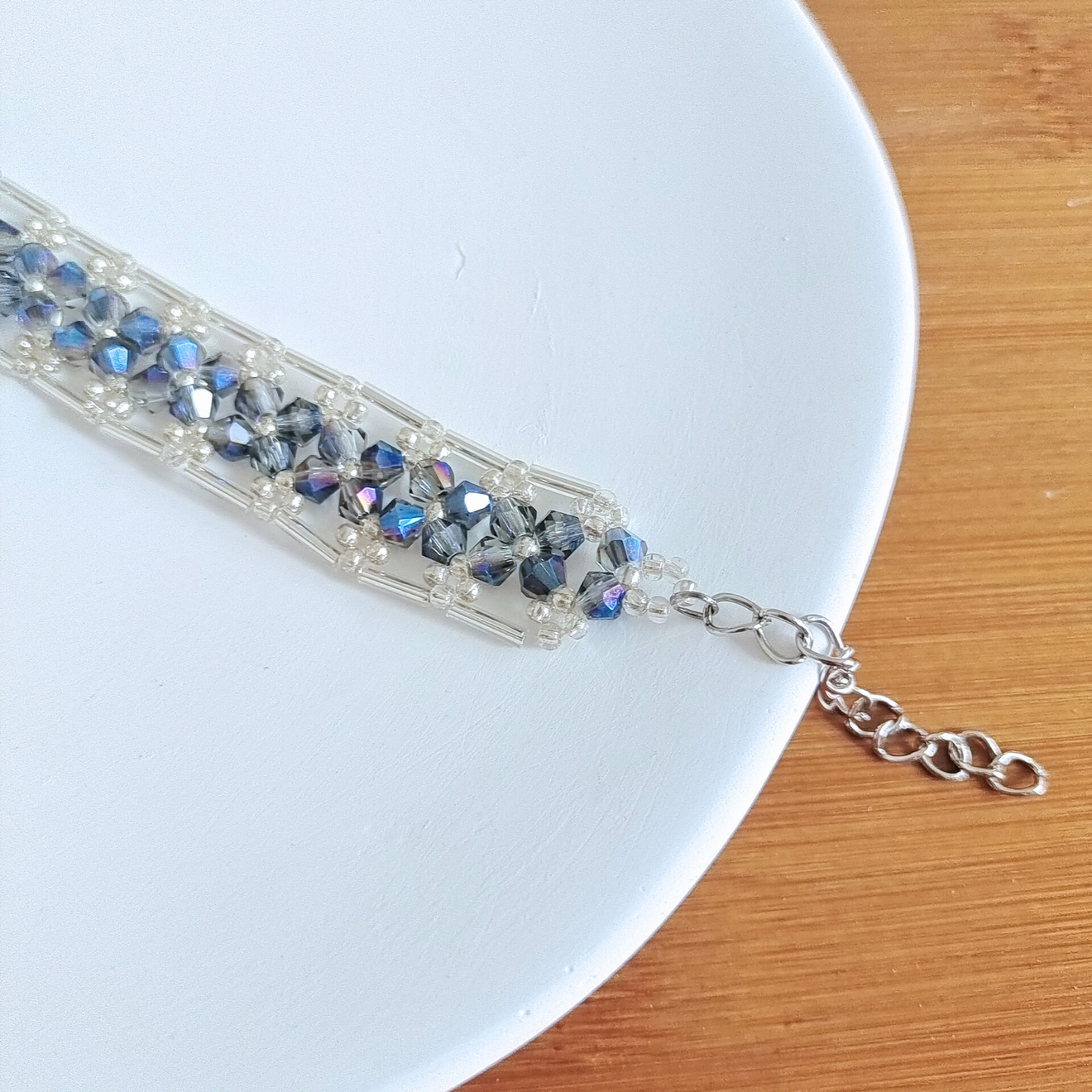 Detail shot of blue-grey diamond bead bracelet