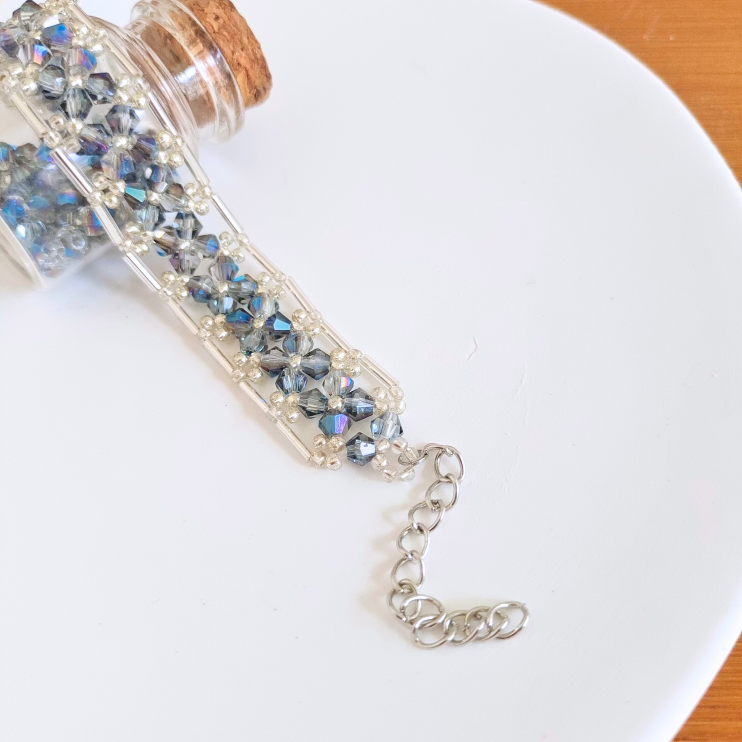 Close-up of blue-grey diamond beads bracelet
