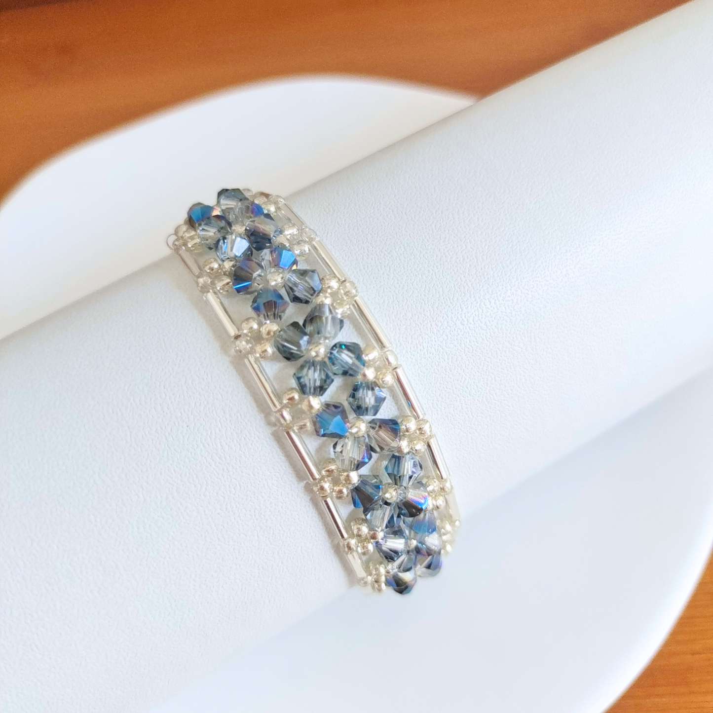 Full view of blue-grey diamond beads bracelet