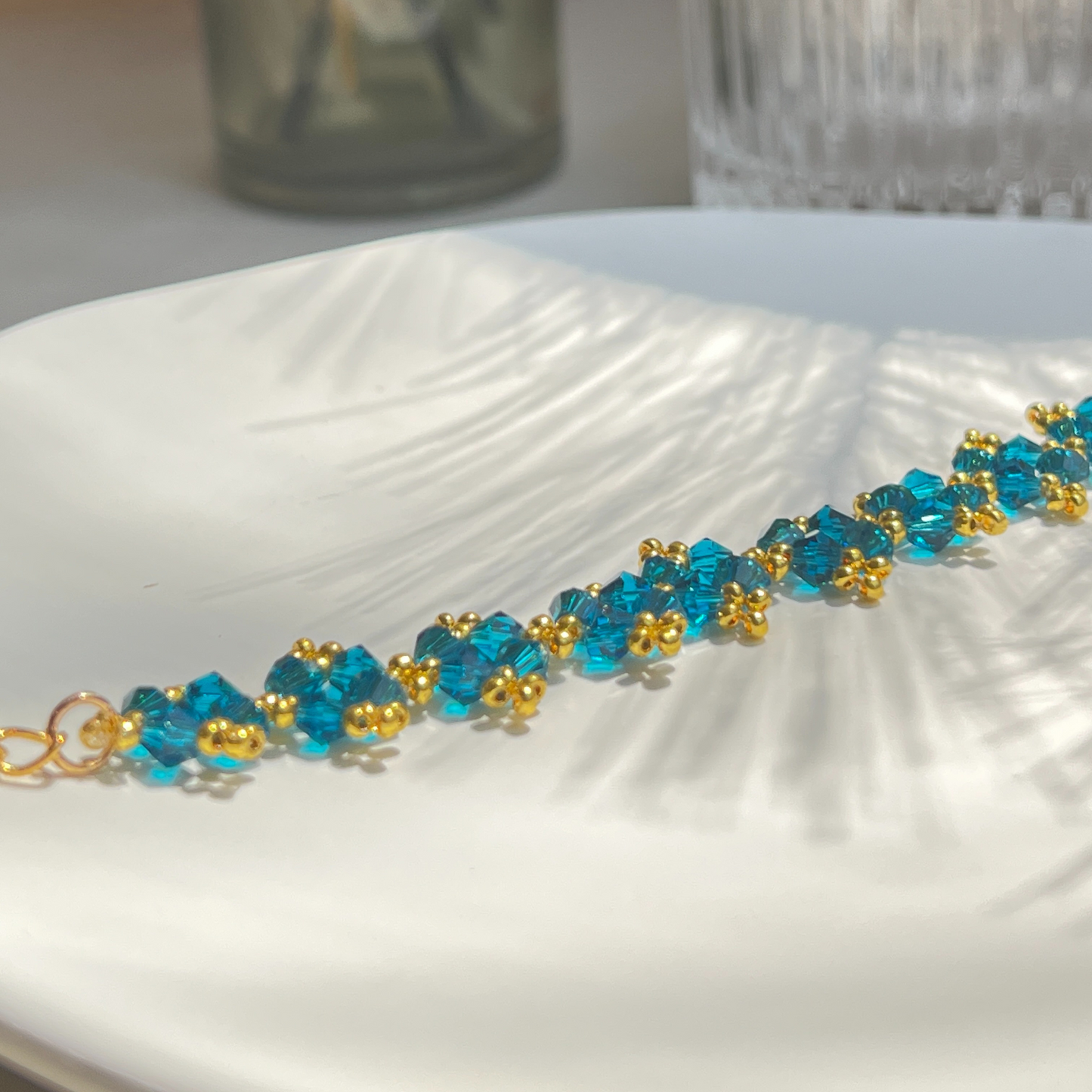 Navy blue bead bracelet close-up highlighting