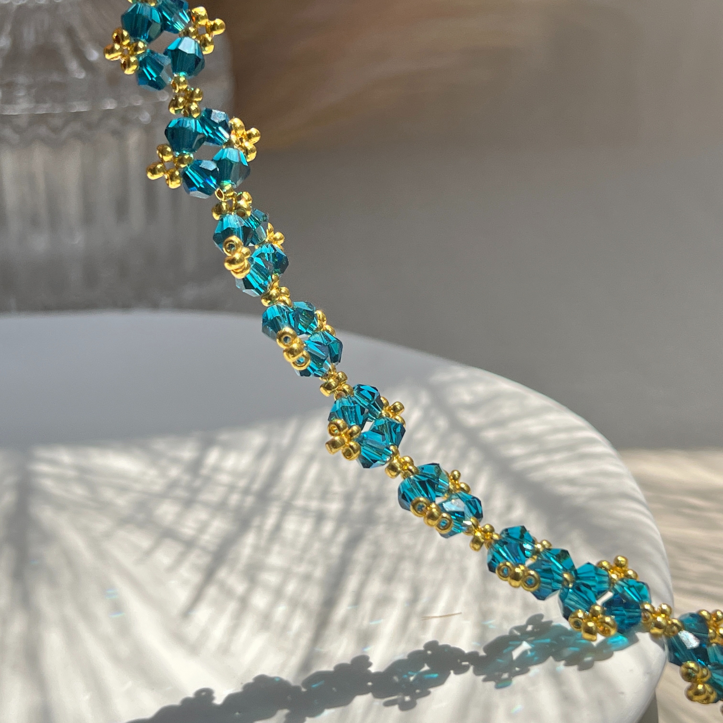 Close-up of navy blue beaded bracelet