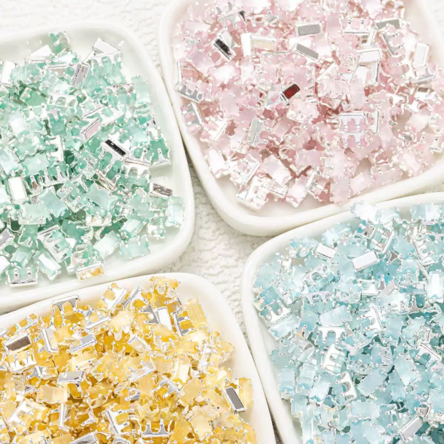 【C04】50pcs Cat Eye CZ Rectangle Beads – 2.5×5mm, Silver-Plated Claw Setting, for DIY Bracelets & Necklaces