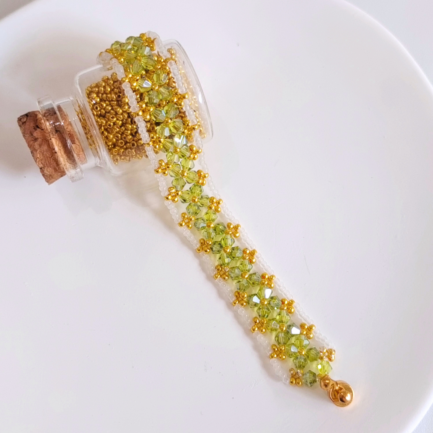 Olive green beaded bracelet detail shot