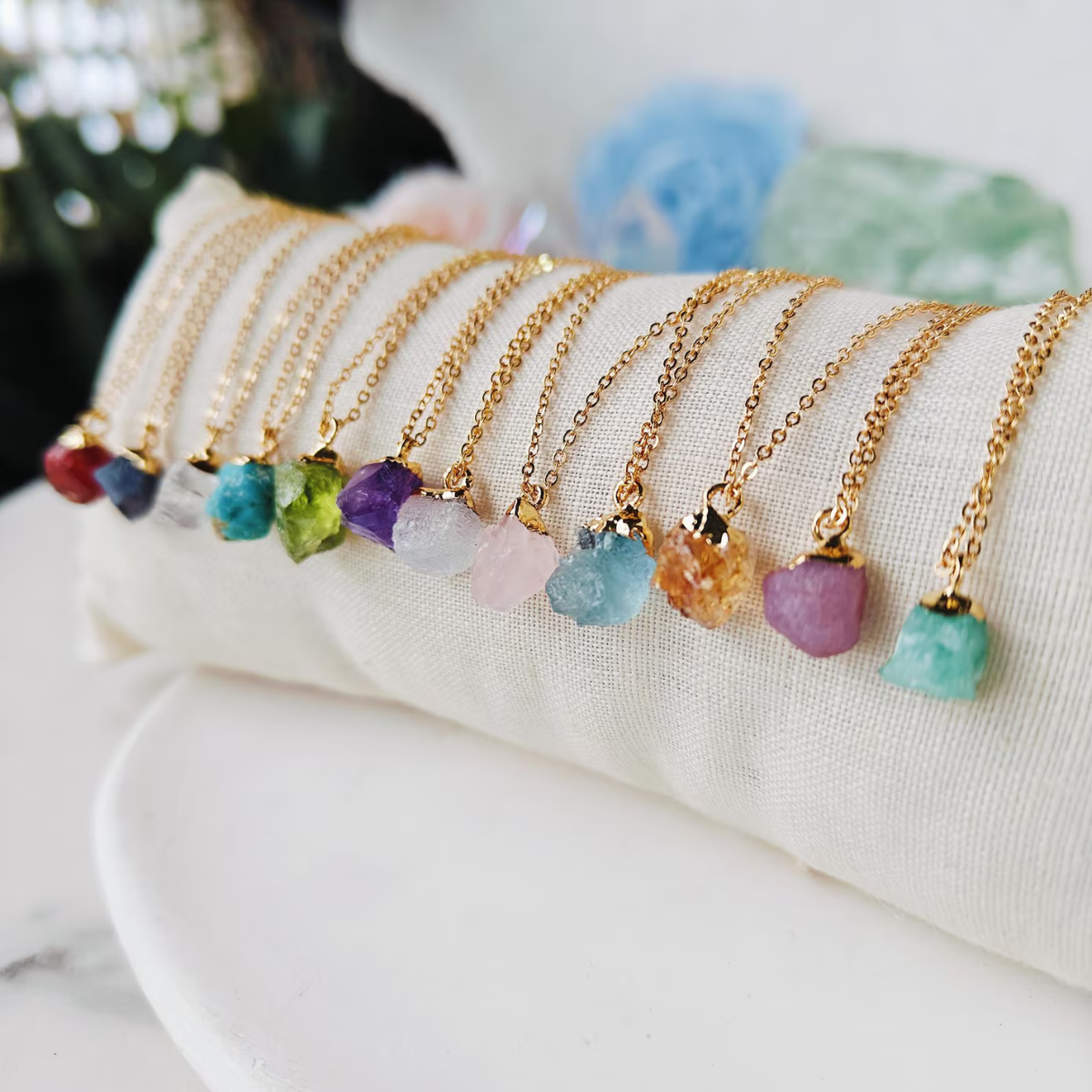 12 vibrant crystal raw stones necklace
