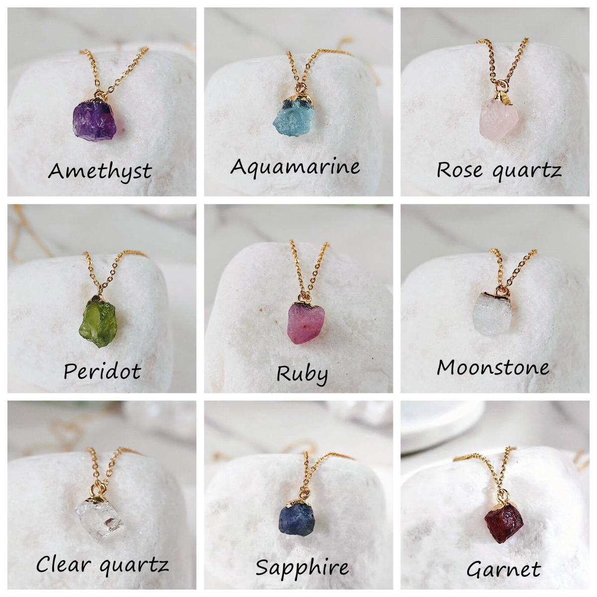 Collection of raw crystal necklaces displayed in a 9-grid