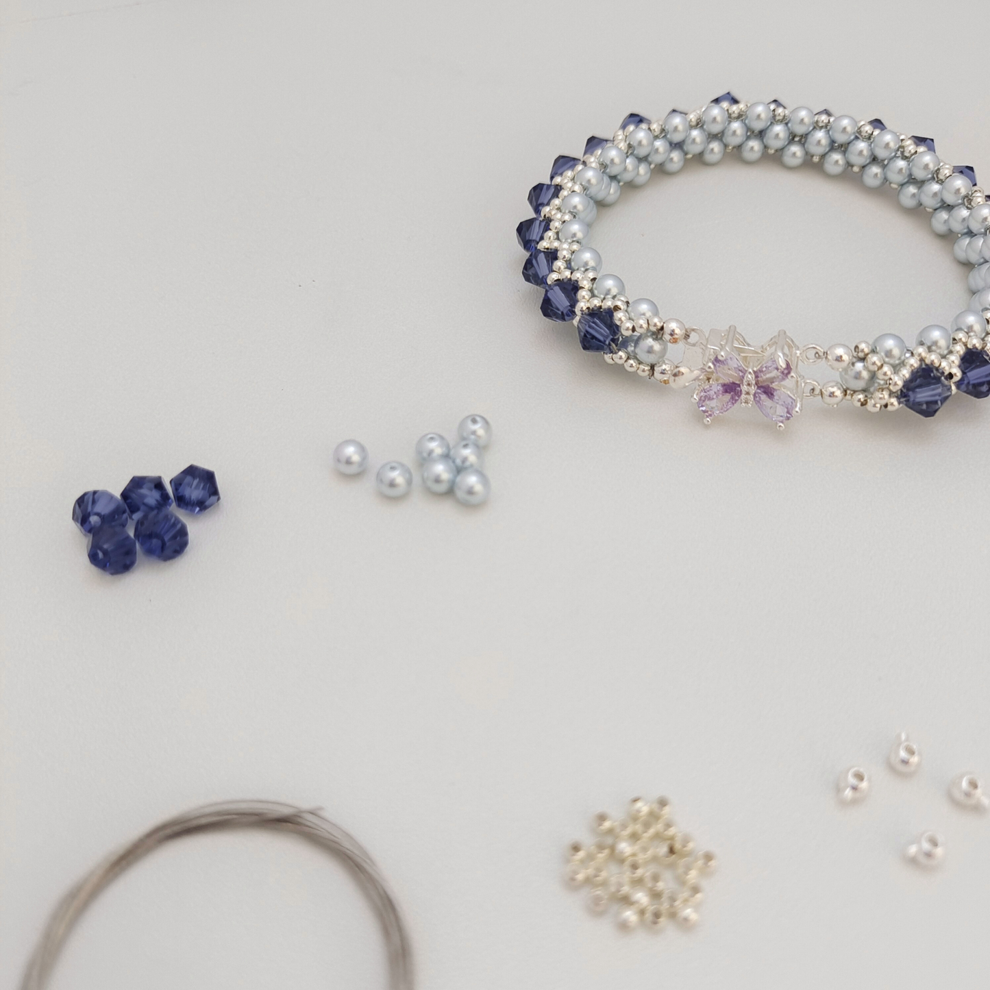 【No.91】DIY Bracelet Kit – Lotus Lilac | Lilac Crystal & Blue Pearl | Full Video Tutorial Included