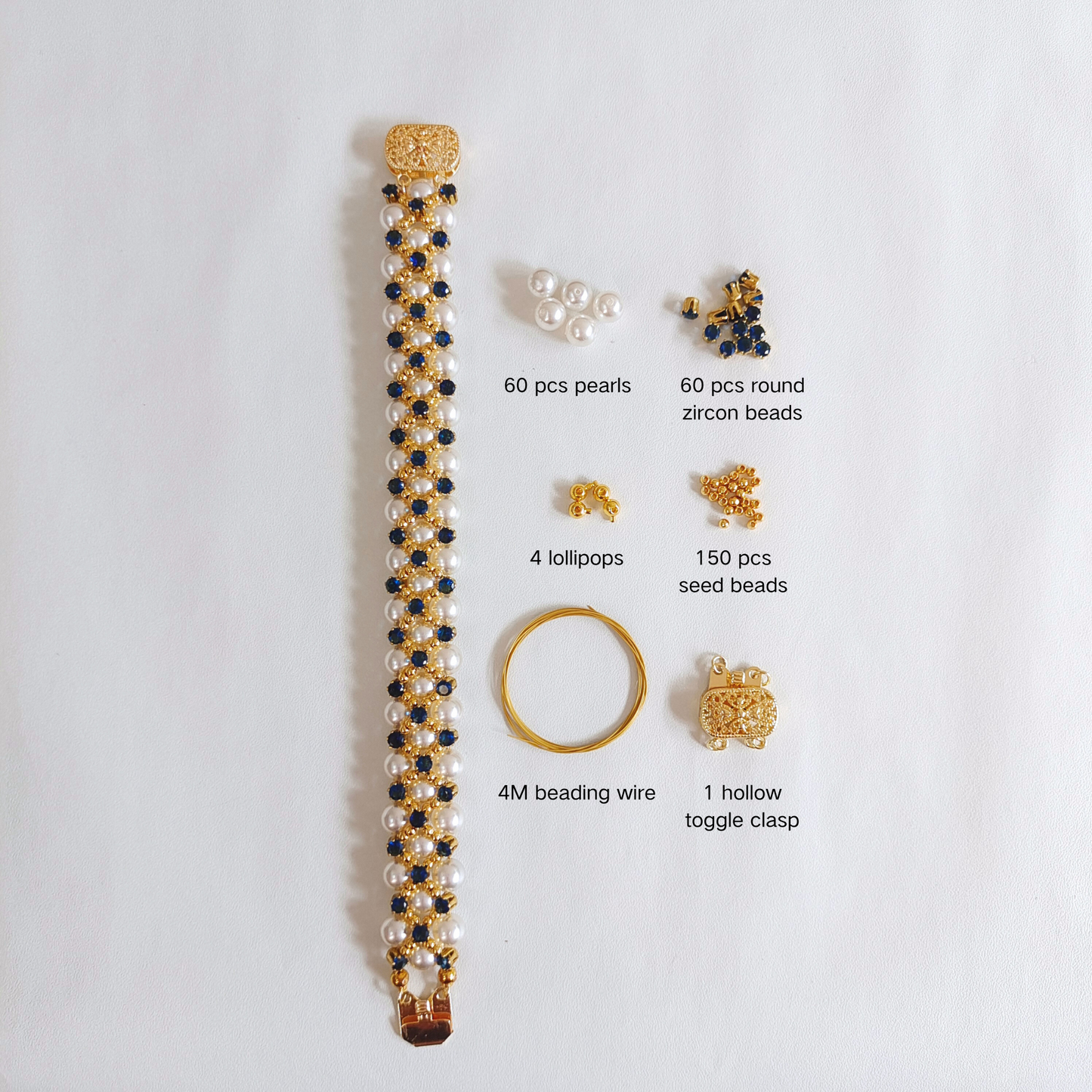 【No.45】 DIY Bracelet Craft Kit – Blue Phantom Beaded Design with Pearls & Sapphire Crystals Beading Set