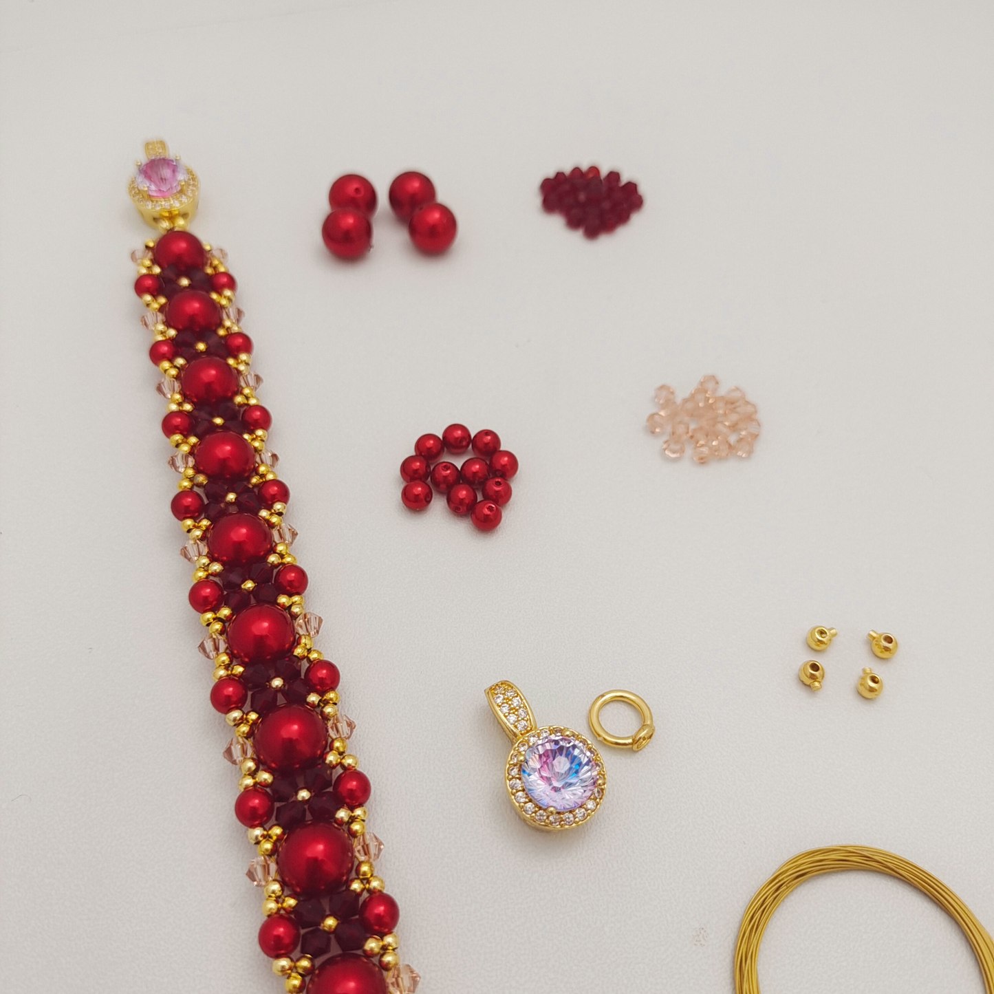 【No.101】DIY Bracelet Kit – “Passion” Red & Pink Crystal with Pearls | Complete Jewelry Making Set with Tutorial