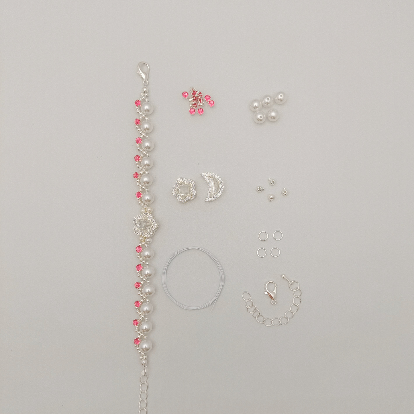 【No.50】 Star & Moon DIY Bracelet Craft Kit with Pearls & Cubic Zirconia | Complete Jewelry Making Kit