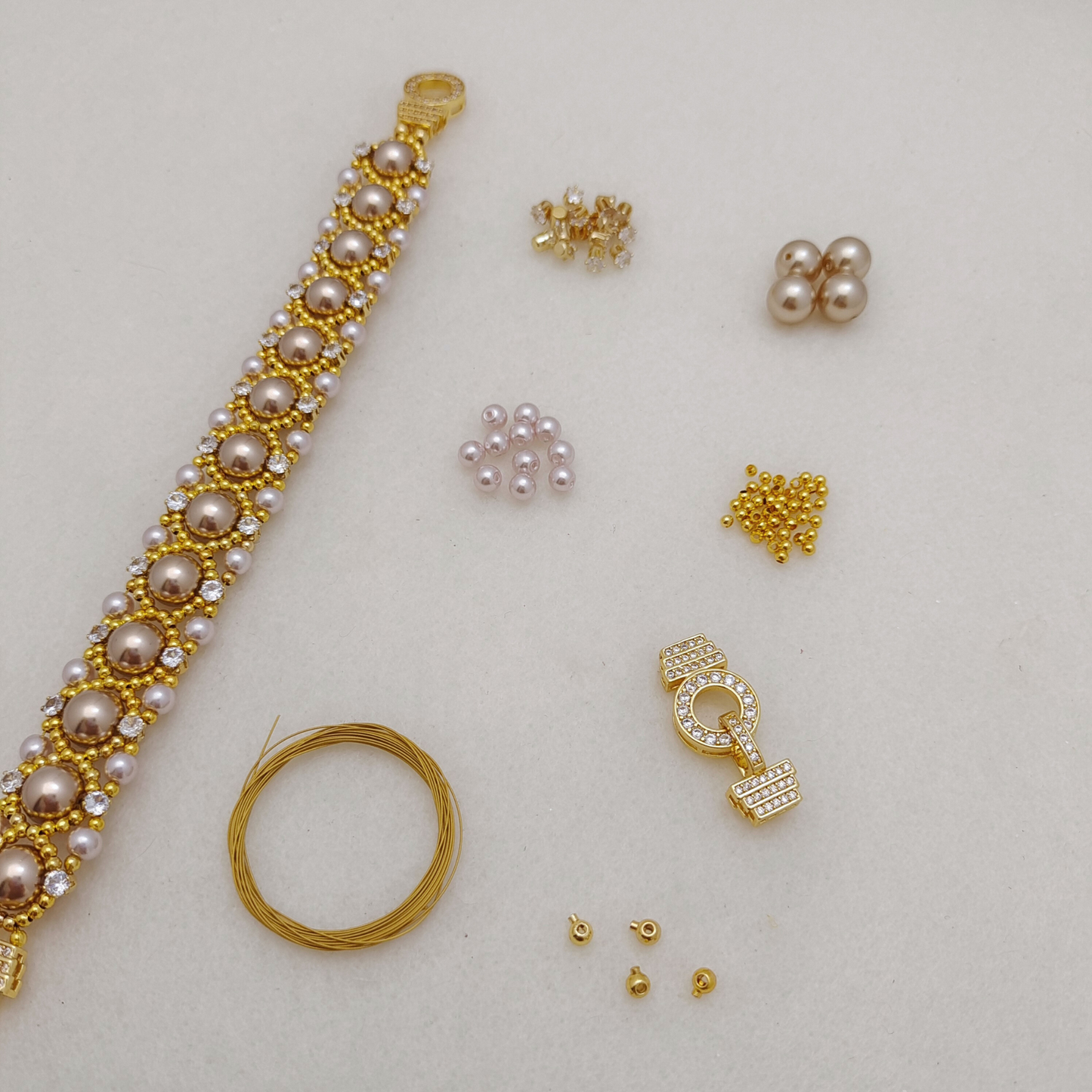 【No.114】DIY Beading Kit | Aureate Bead Blossom Bracelet Materials + Full Tutorial | Pearls, CZ Beads & Lollipop O-Clasp